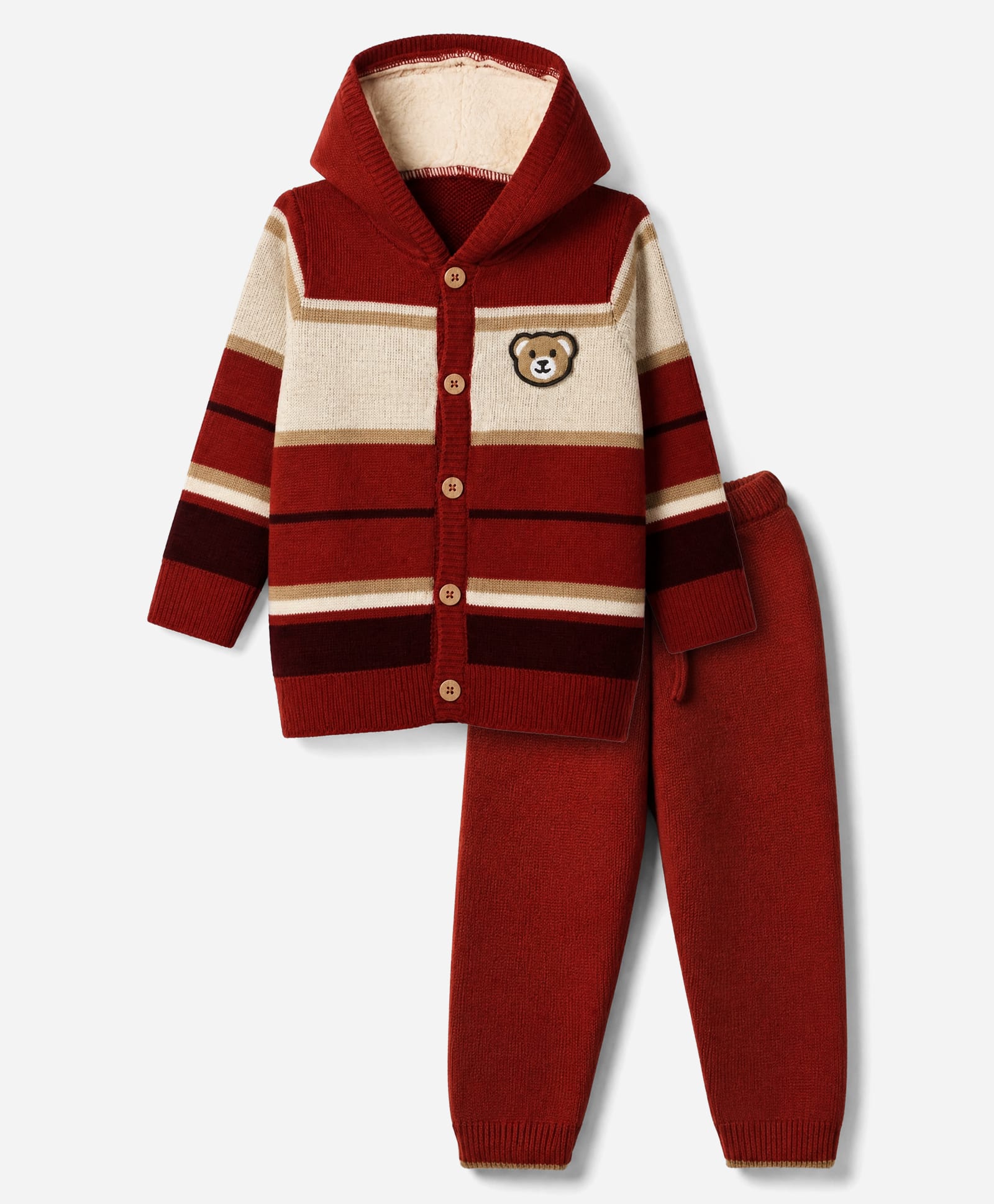 Babyoye Knit Full Sleeves Striped Hooded Sweater set with Bear Applique - Maroon-picture-32