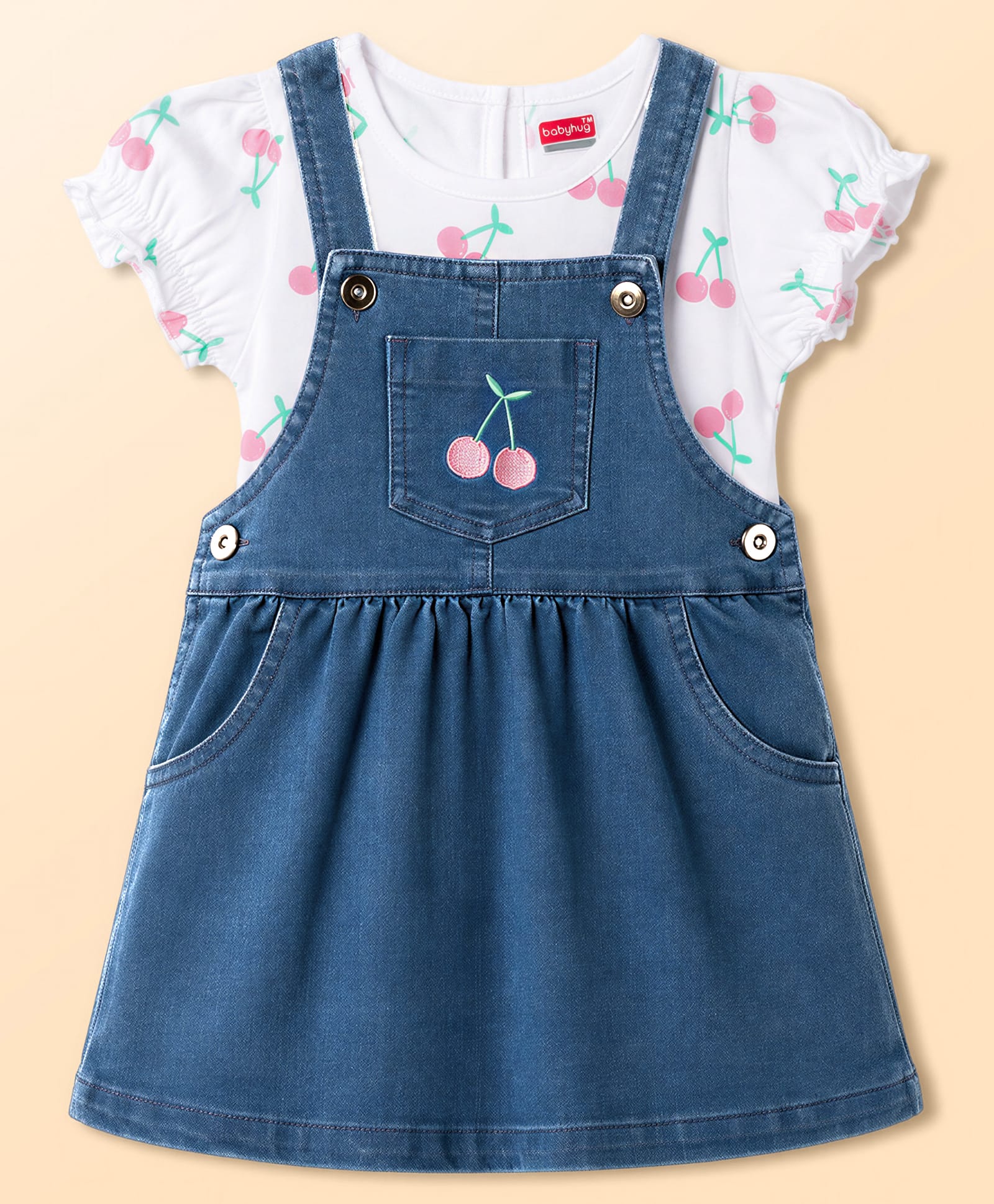 Babyhug Cotton Woven Frocks with Inner Tee With Cherry Embroidery & Print - Blue-image-45