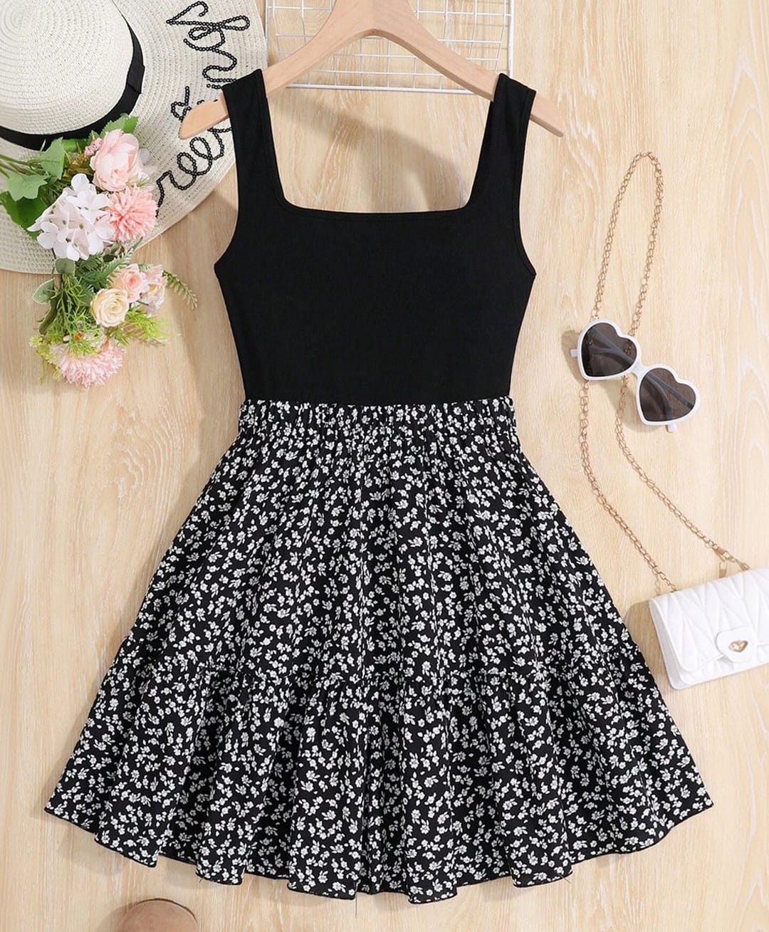 The Kids Club Cotton Blend Woven Sleeveless Floral Printed Dress - Black-picture-15