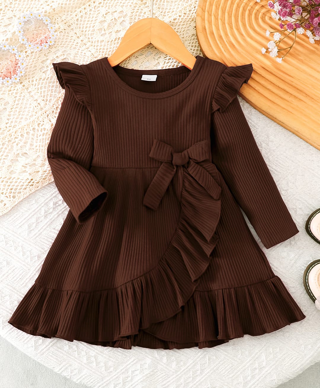 The Kids Club Cotton Knit Full Sleeves Bow Applique Detailed Ribbed Dress - Brown-image-29