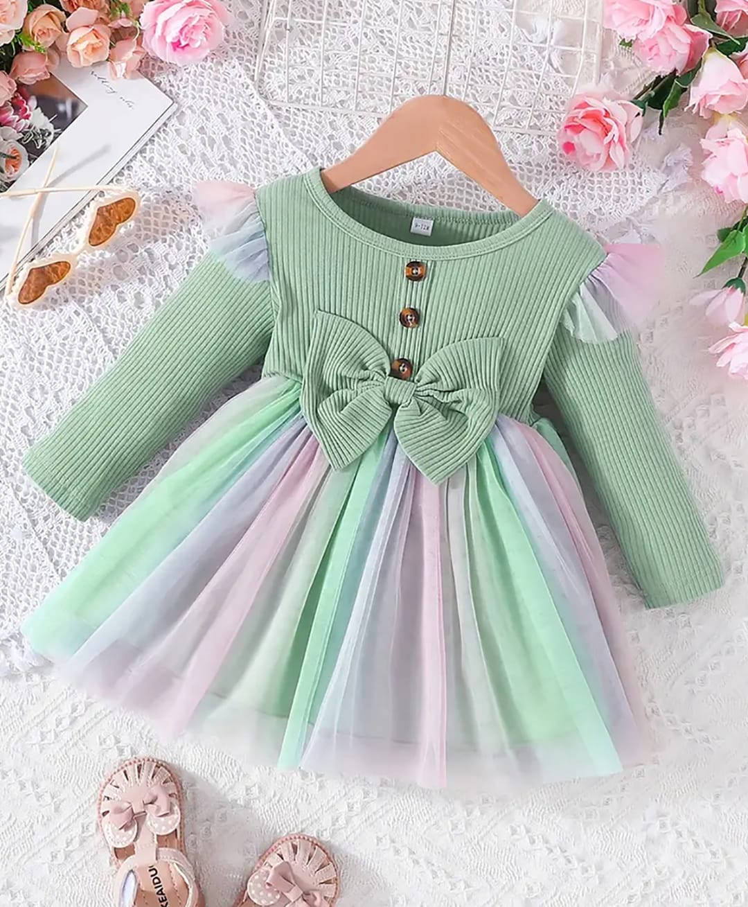 The Kids Club Cotton Rib Woven Full Sleeves Frill & Bow Applique Detailed Tutu Style Dress - Green-image-16