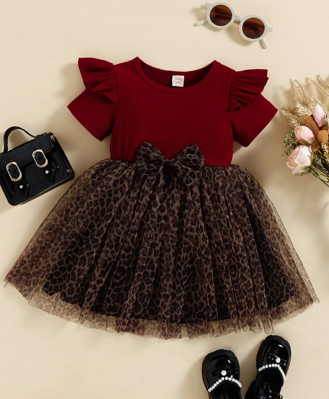The Kids Club Cotton Rib Woven Half Sleeves Leopard Printed Dress - Red-picture-25