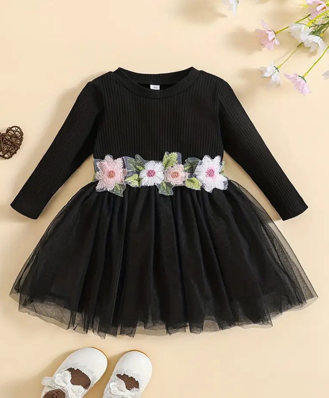 The Kids Club Cotton Rib Woven Full Sleeves Floral Applique Detailed Tutu Style Dress - Black-picture-17