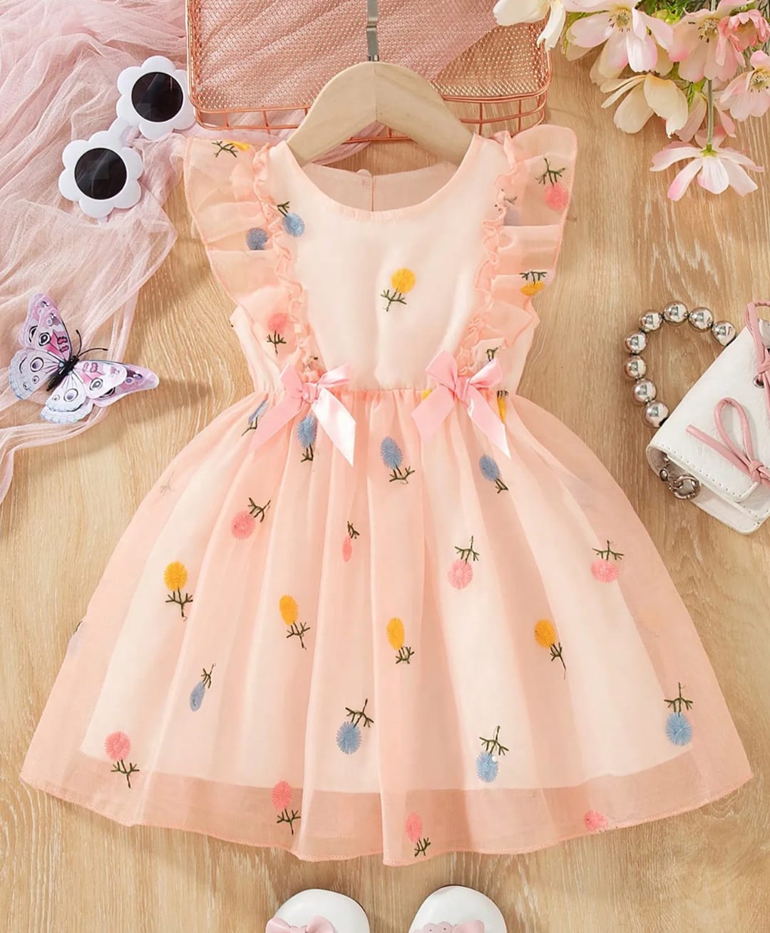 The Kids Club Woven Sleeveless Frill detailed Bow Applique Detailed & Floral Embroidered Sheer Tutu Style Dress - Peach