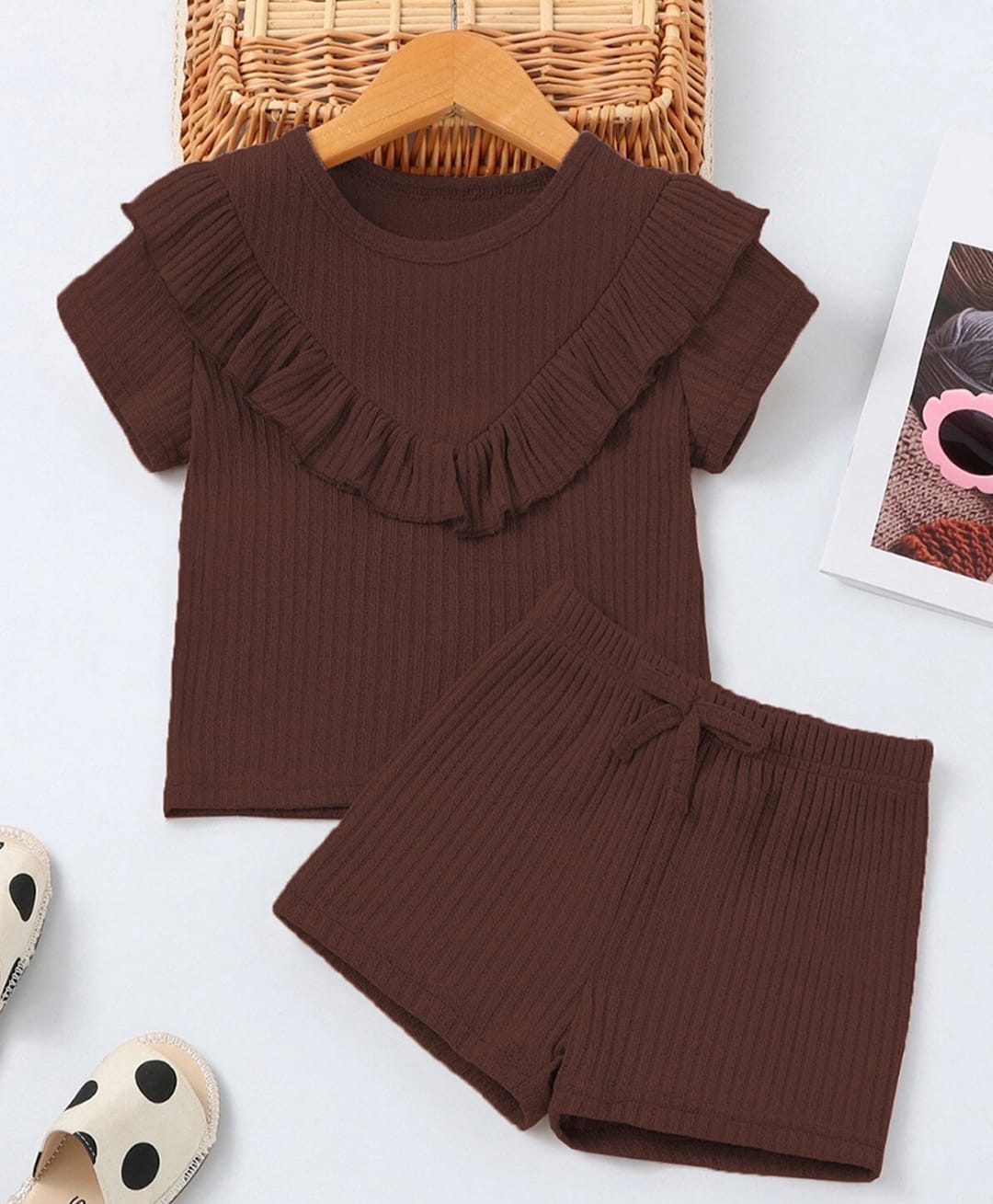 The Kids Club Cotton Rib Knit Half Sleeves Frill Detailed Top & Shorts Set - Brown-image-17