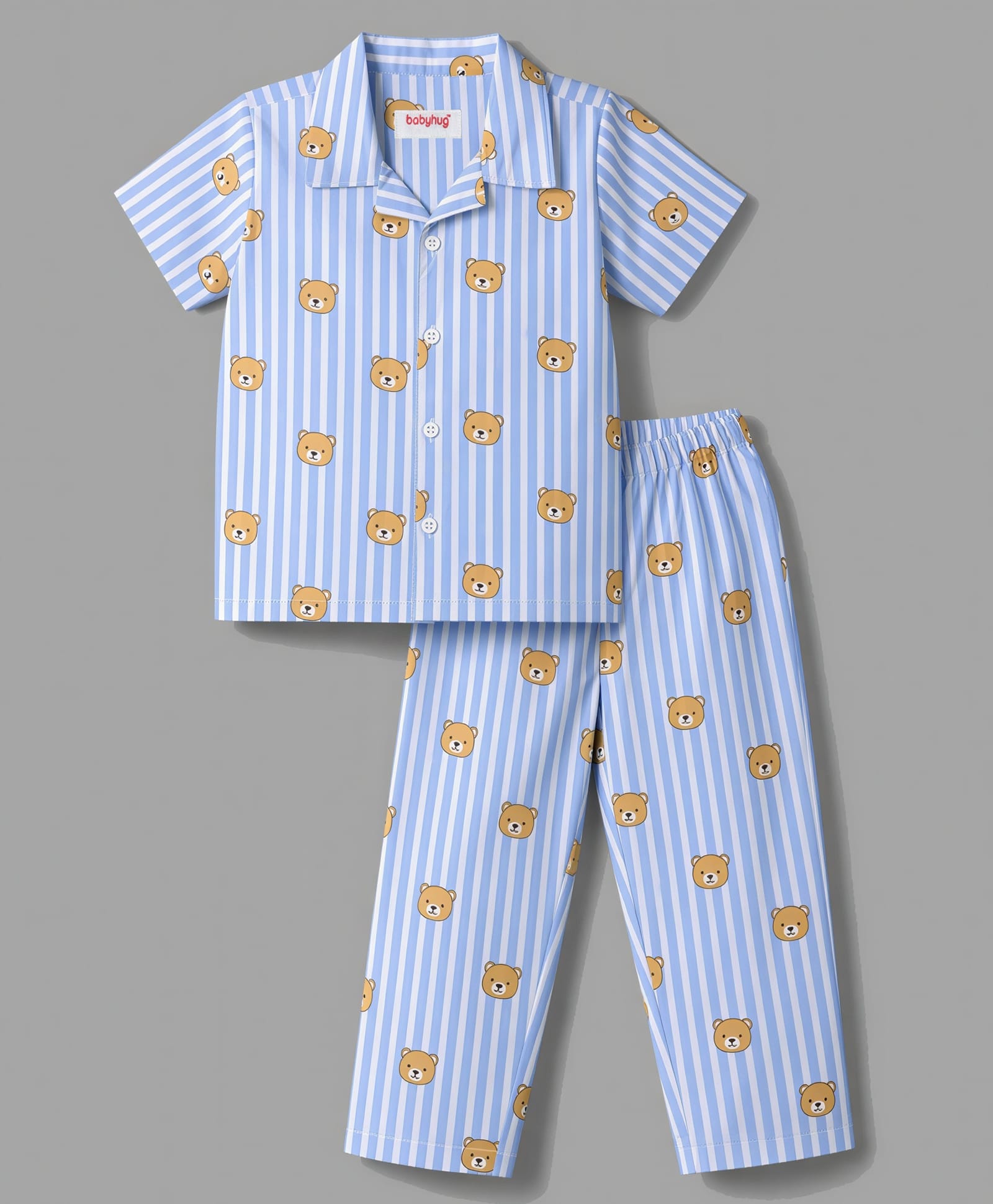 Babyhug Cotton Knit Half Sleeves Striped & Bear Printed Co-Ords Shirt & Pyjama Night Suit - Light Blue-image-24