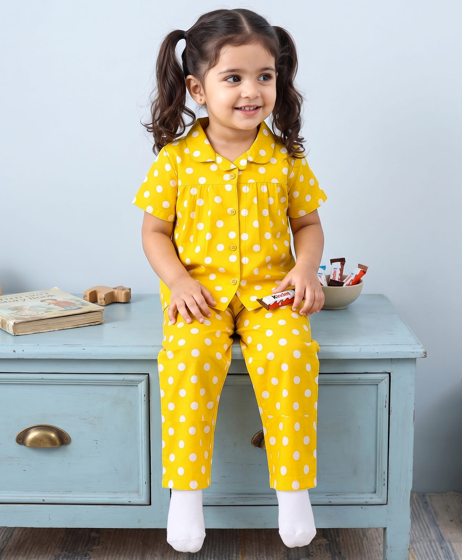Babyhug Cotton Knit Half Sleeves Top & Pyjama Night Suit Co-ords With Polka Dots - Yellow-image-12