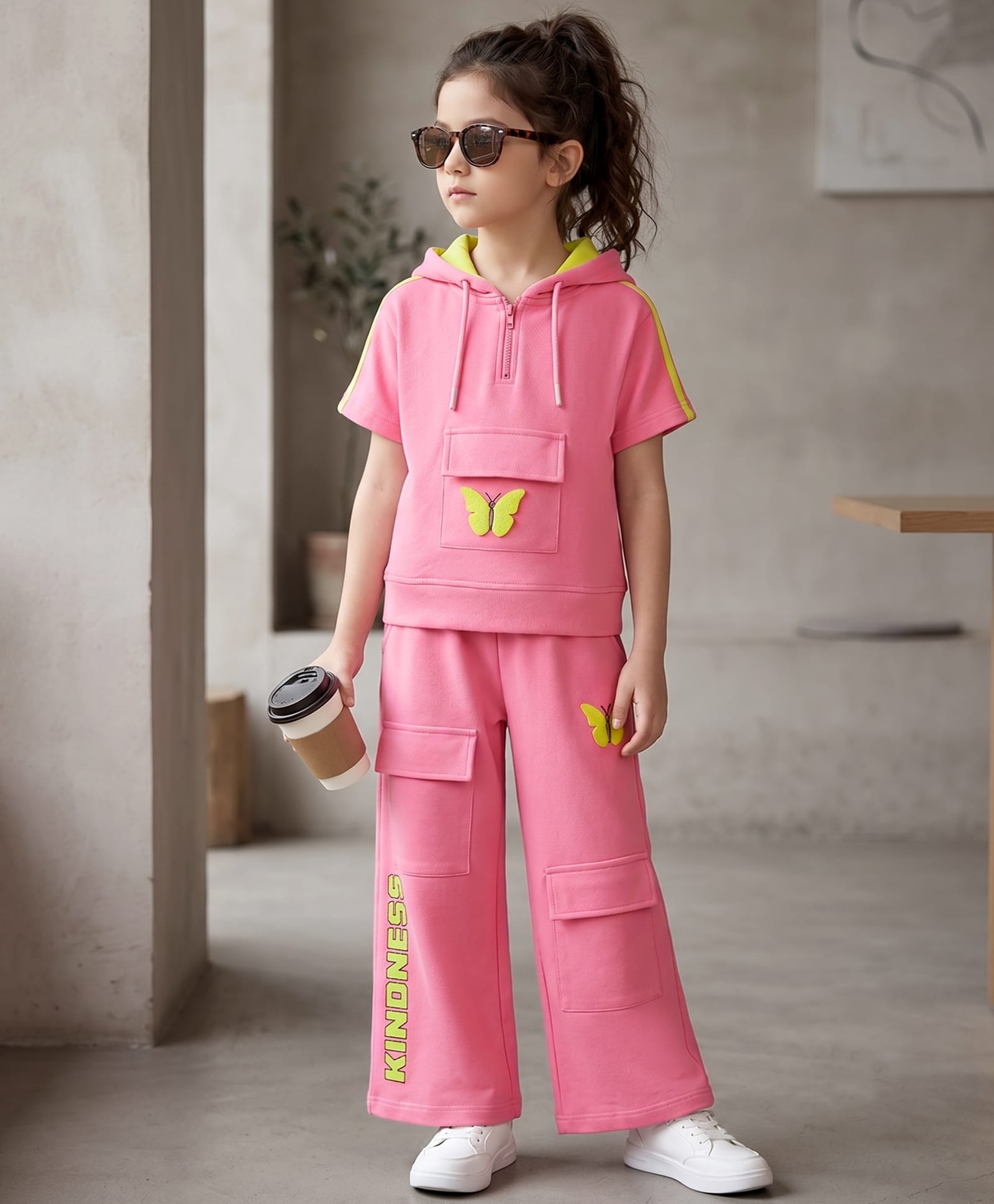 Ollington St. Sinker Knit Half Sleeves Hooded Top & Culottes Set Butterfly Patch & Pocket Detailing - Pink-image-43