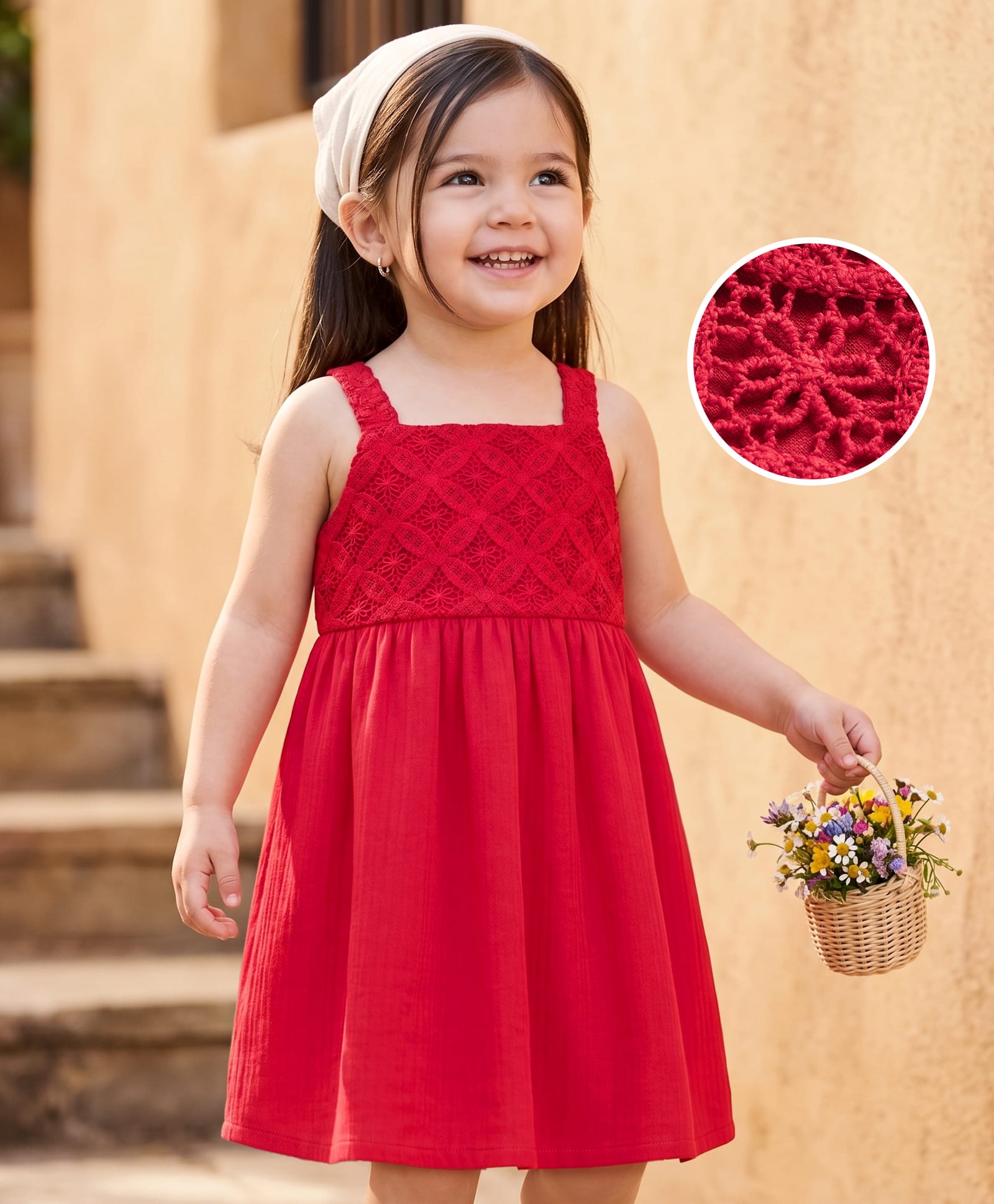 Babyhug Cotton Woven One Piece Dress with Sleeveless Styling and Lace Detail - Red-image-15
