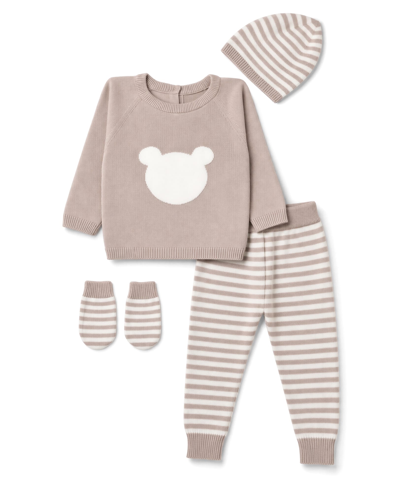 ToffyHouse Knitted Raglan Full Sleeves Winter Wear Suit With Bear Design & Stripes & Cap & Mittens - Tan-picture-14