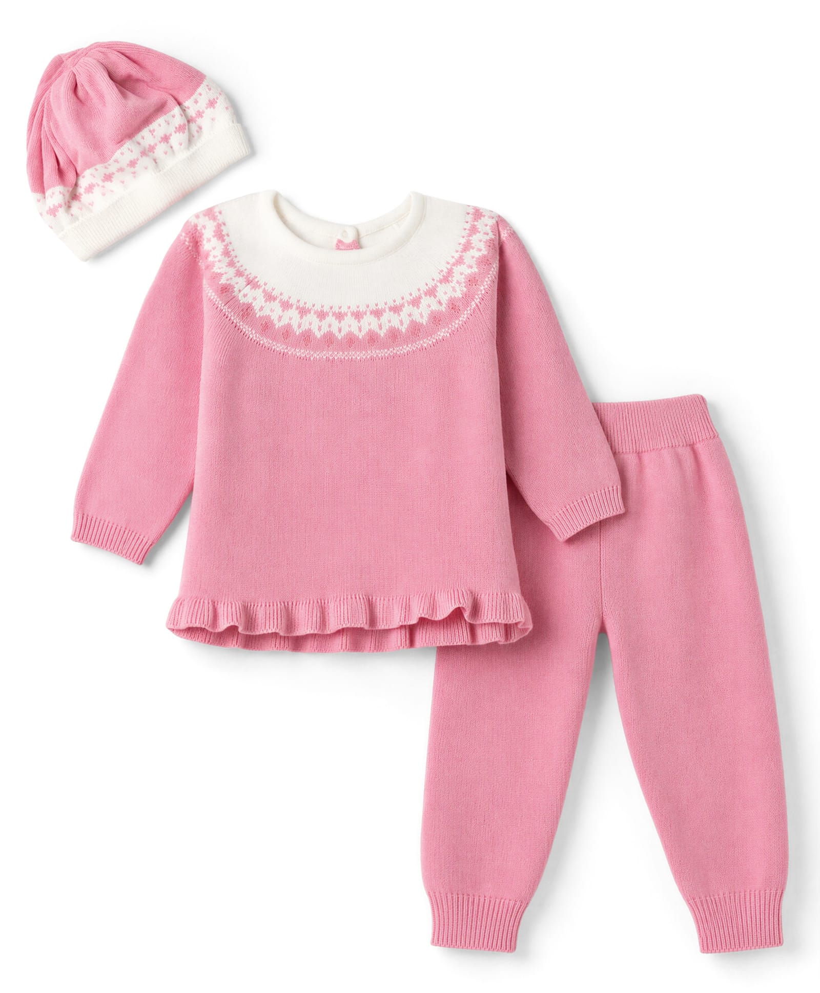 ToffyHouse Knitted Full Raglan Sleeves Winter Wear Suit With Design & Cap - Pink & White-image-16