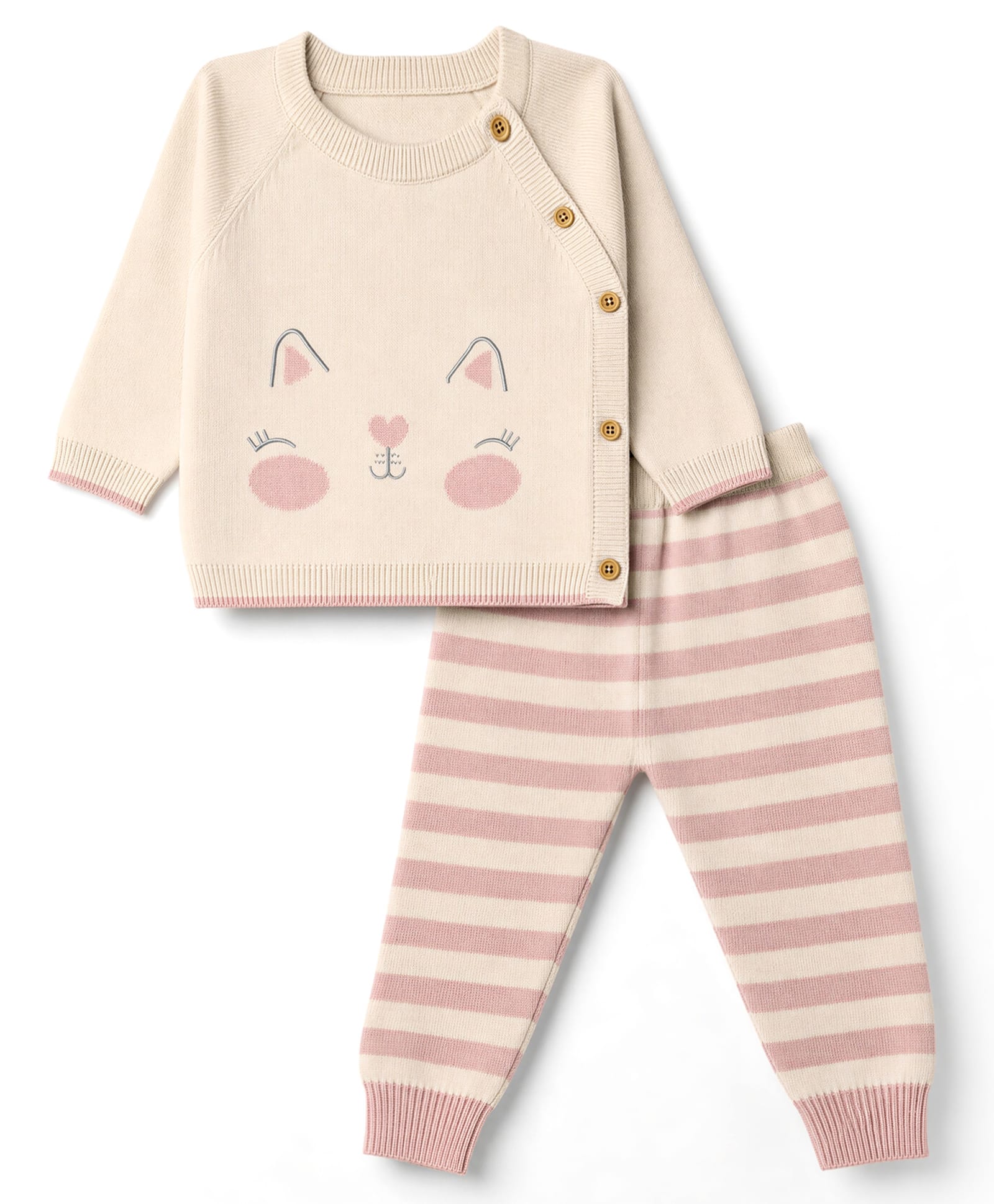 ToffyHouse Fleece Knit Full Sleeves Winter Wear Suits With Cat Face Embroidery - OffWhite-image-30
