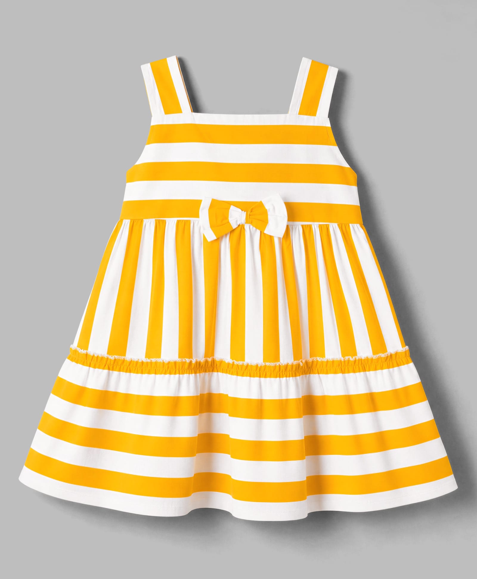 Babyhug Poplin Woven Sleeveless Striped Frock With Bow Applique - Yellow-image-34