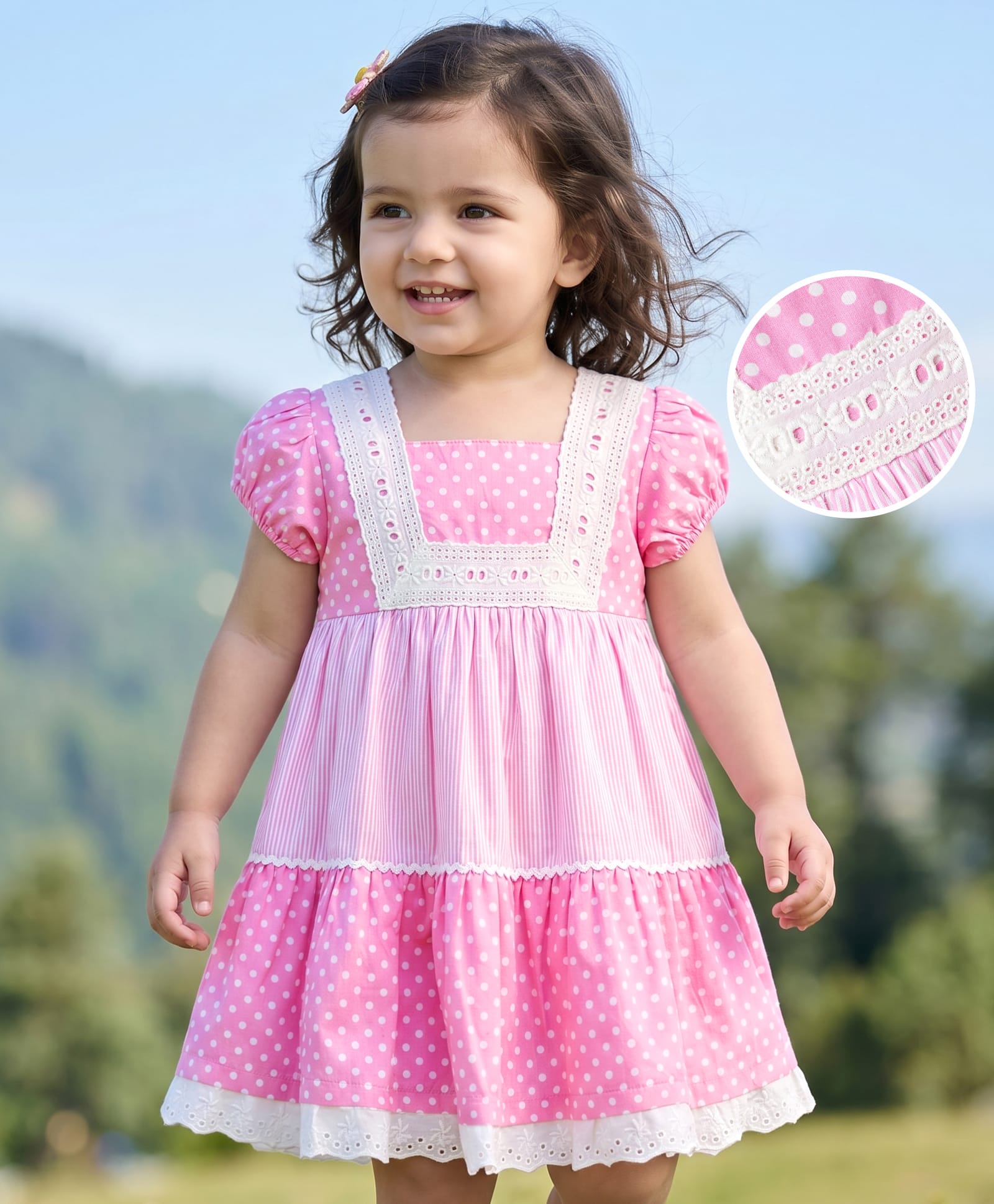 Babyhug Cotton Woven Half Sleeves Polka Dots Printed & Striped Tiered Frock With Lace Detailing - Pink-image-42