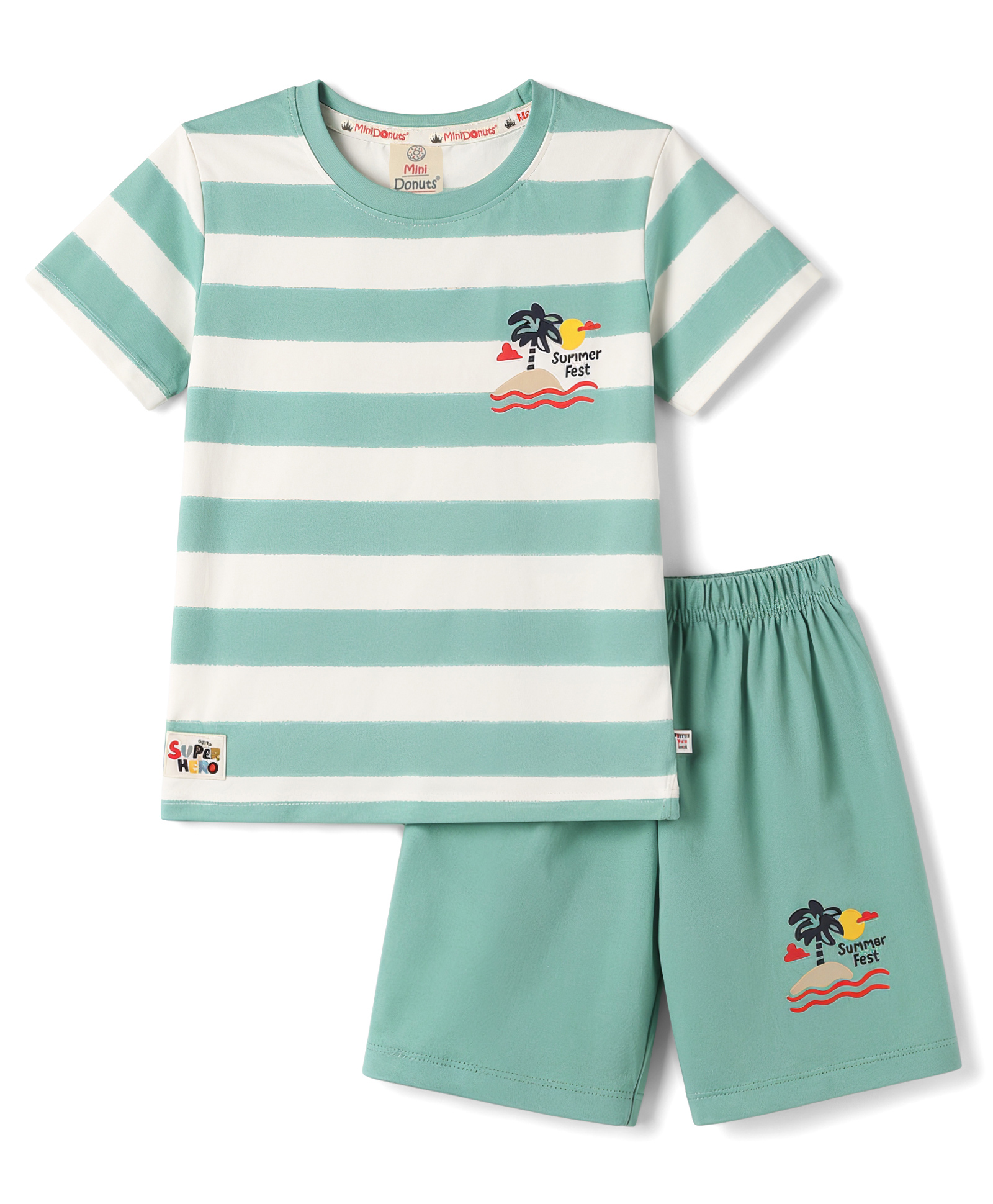 Mini Donuts Sinker Knit Half Sleeves Striped & Beach Theme Printed T-Shirt & Shorts Set - Light Green-picture-26
