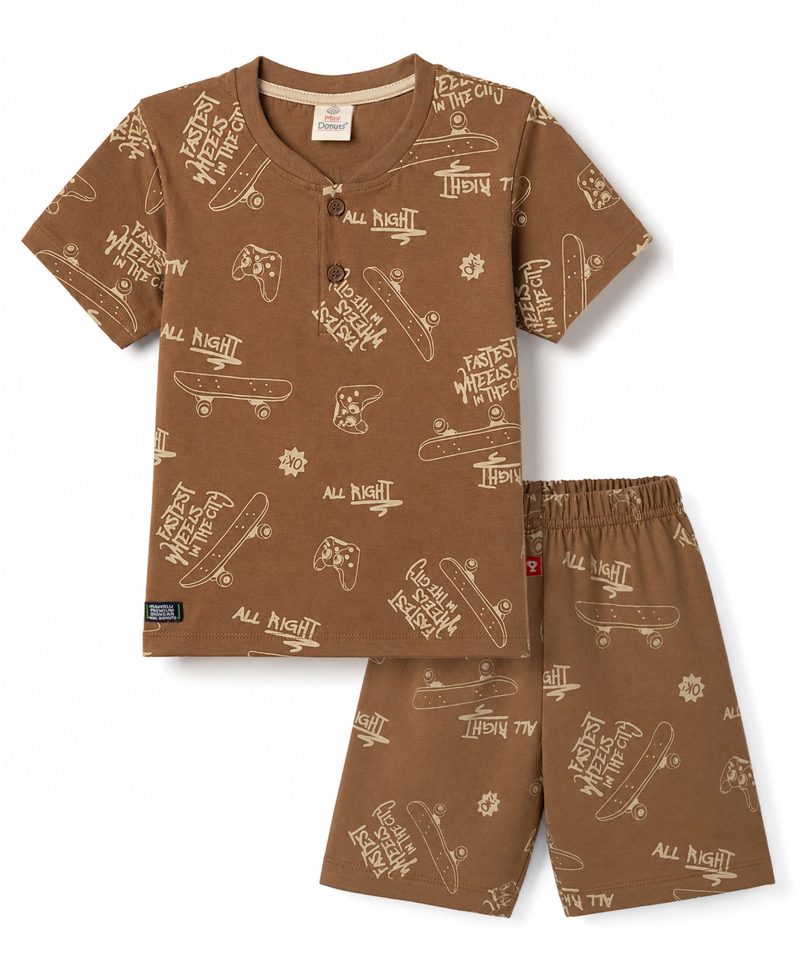 Mini Donuts Sinker Knit Half Sleeves Henley T-Shirt & Shorts Set with Skating Print -Brown-image-26