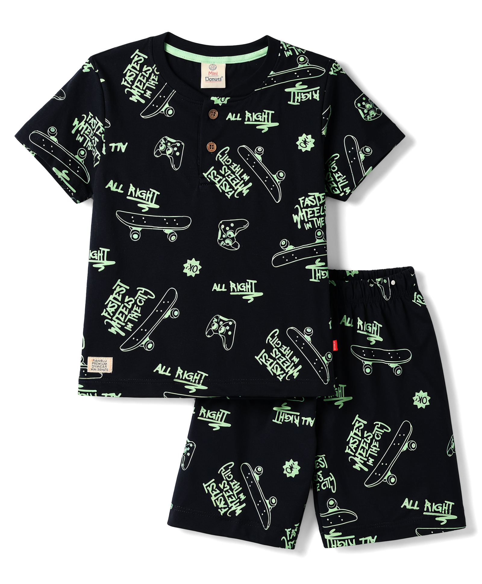 Mini Donuts Sinker Knit Half Sleeves Henley T-Shirt & Shorts Set with Skating Print -Navy-image-37