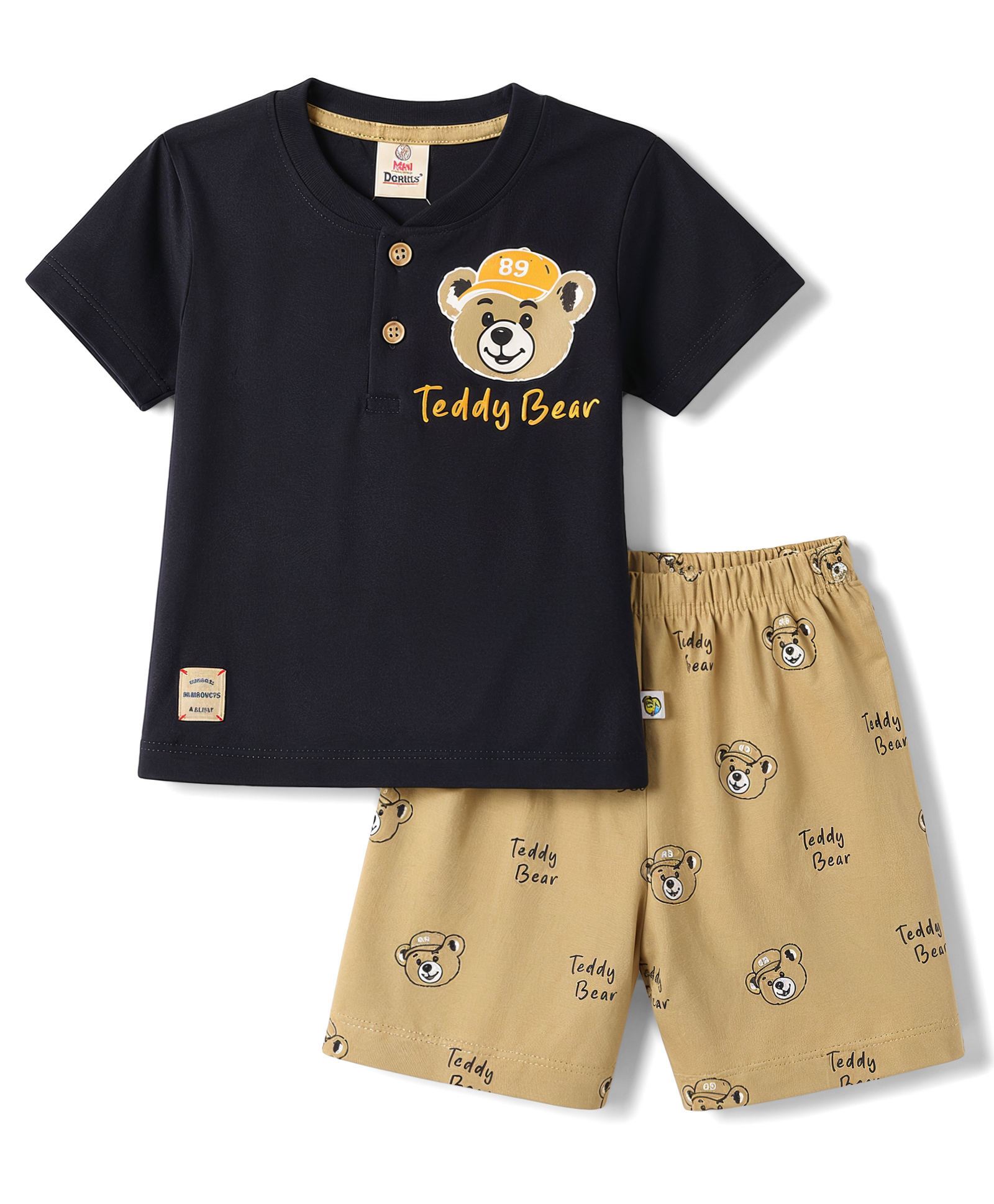 Mini Donuts Sinker Knit Half Sleeves Henley T-Shirt & Shorts Set with Bear Print - Charcoal-image-24