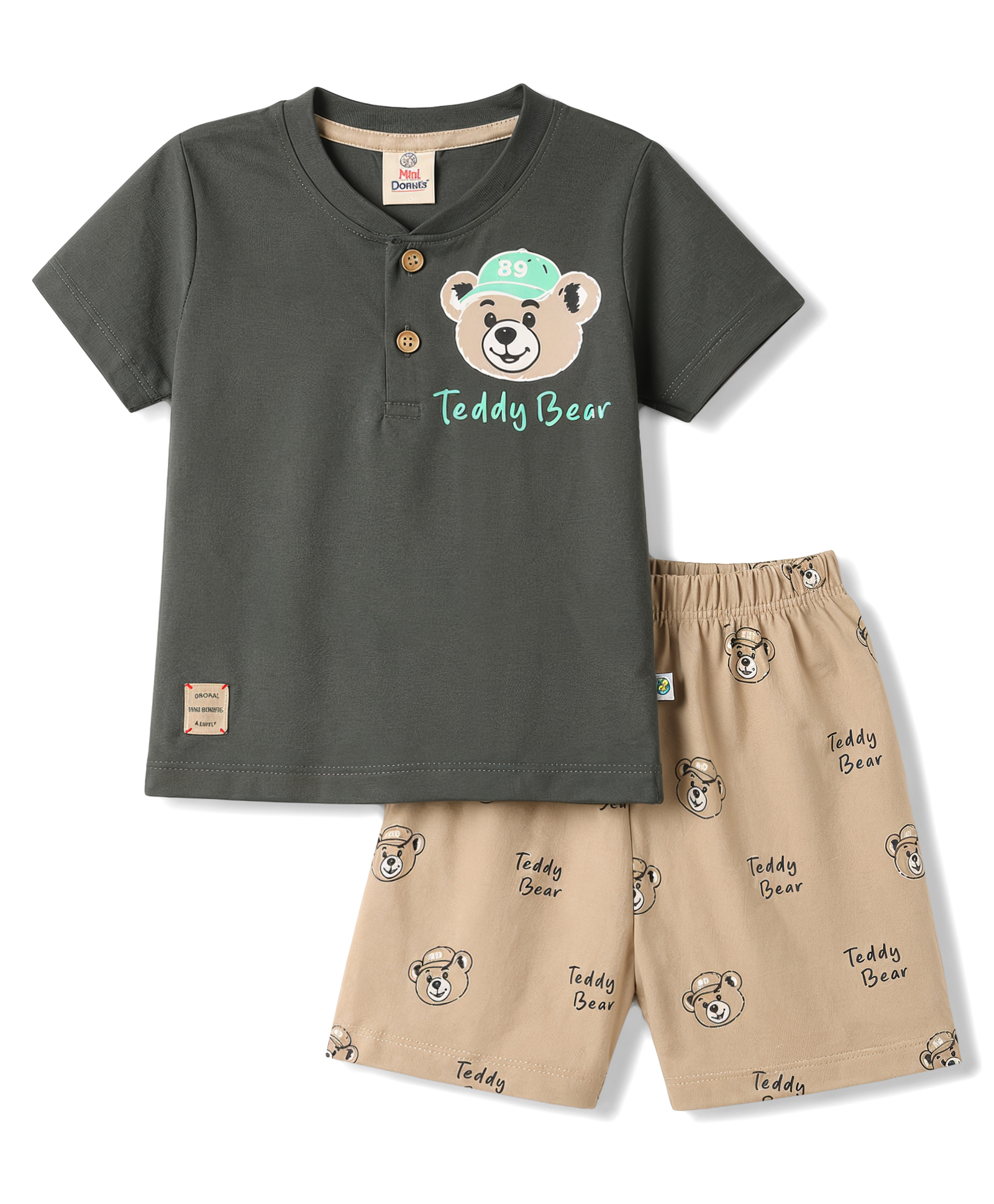 Mini Donuts Sinker Knit Half Sleeves Henley T-Shirt & Shorts Set with Bear Print - Green-image-25