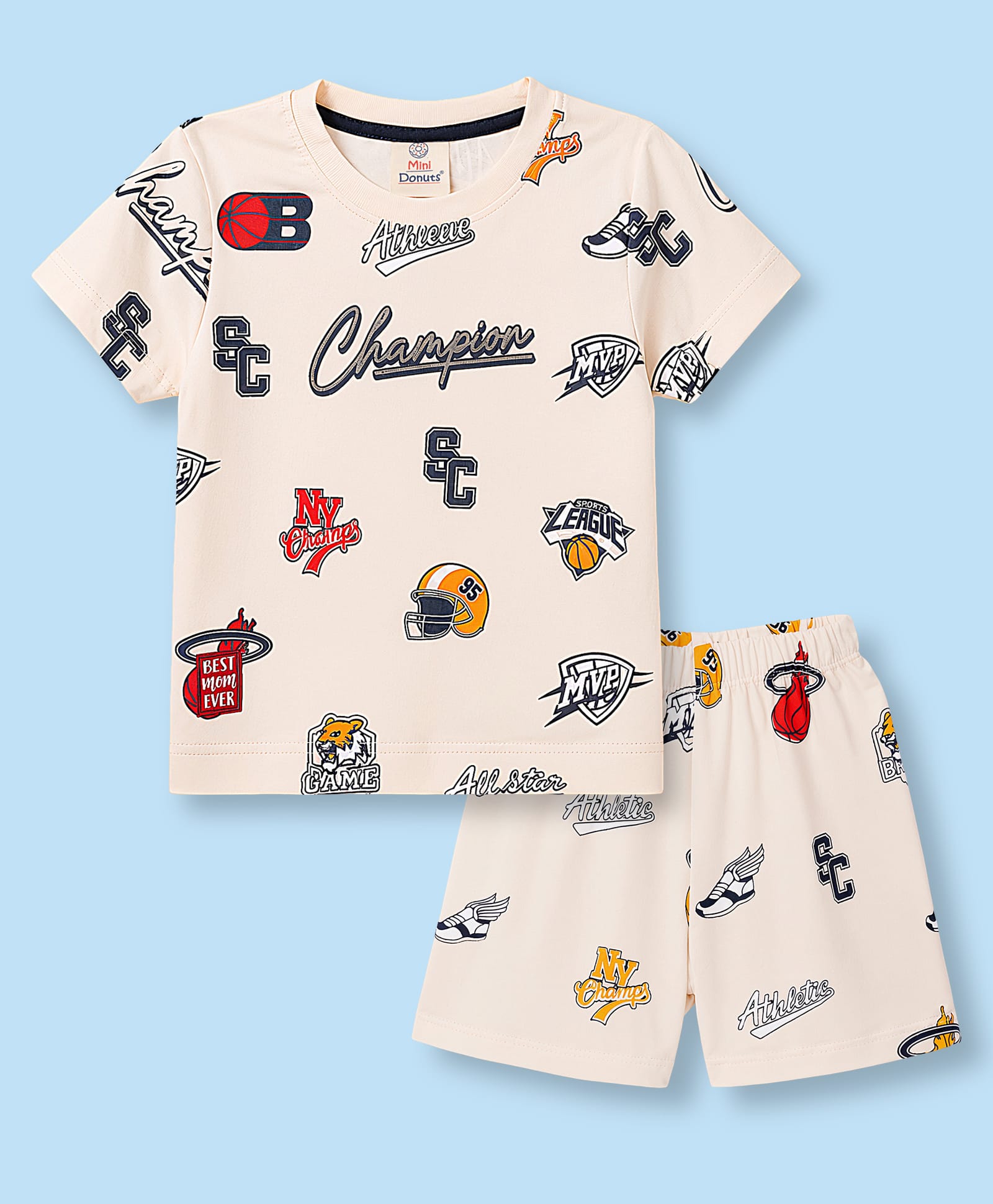 Mini Donuts Sinker Knit Half Sleeves T-Shirt & Shorts Set with Sports Print - Light Orange-image-26