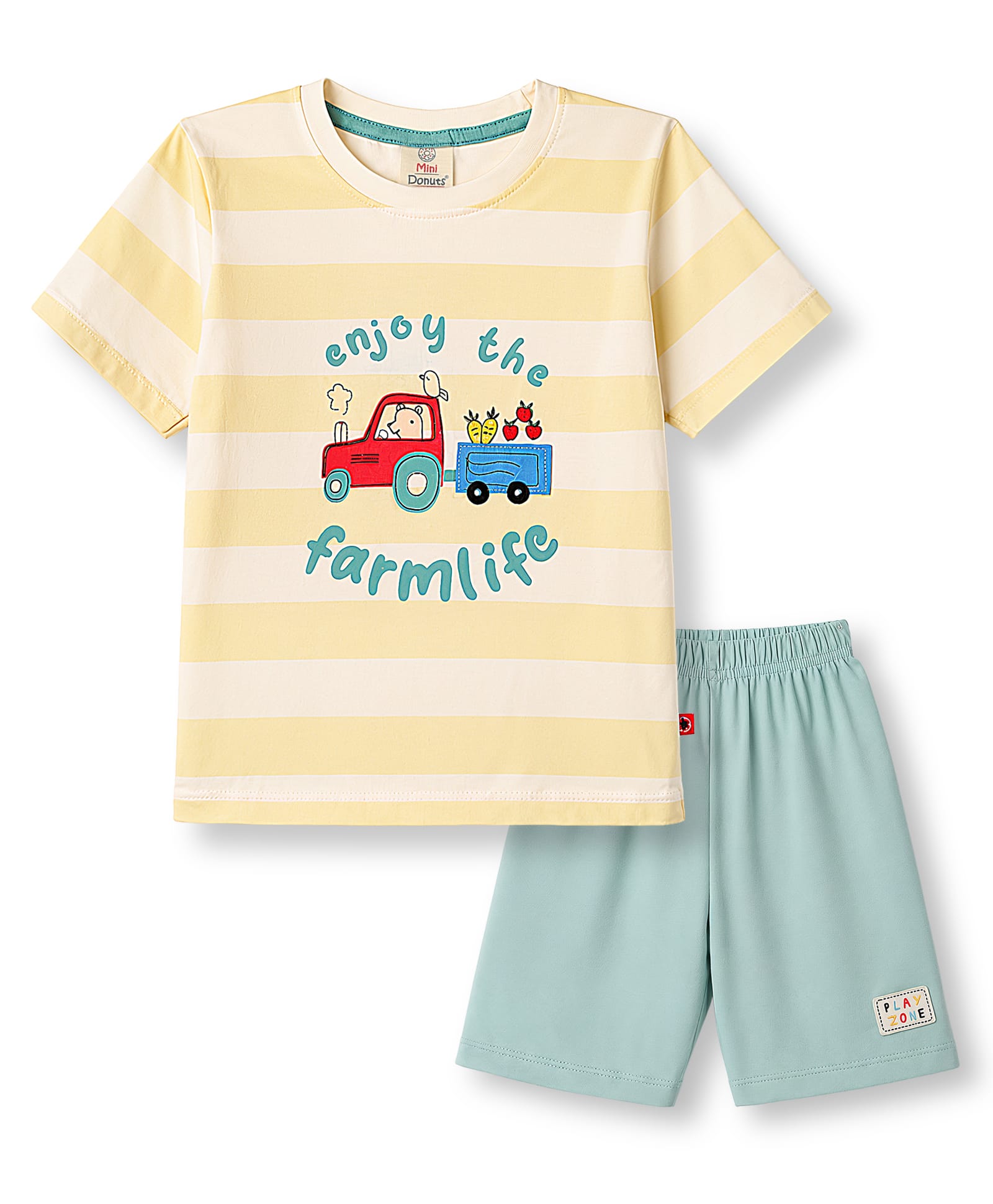 Mini Donuts Sinker Knit Half Sleeves Striped & Vehicles Printed T-Shirt & Shorts Set - Sea Green-image-47