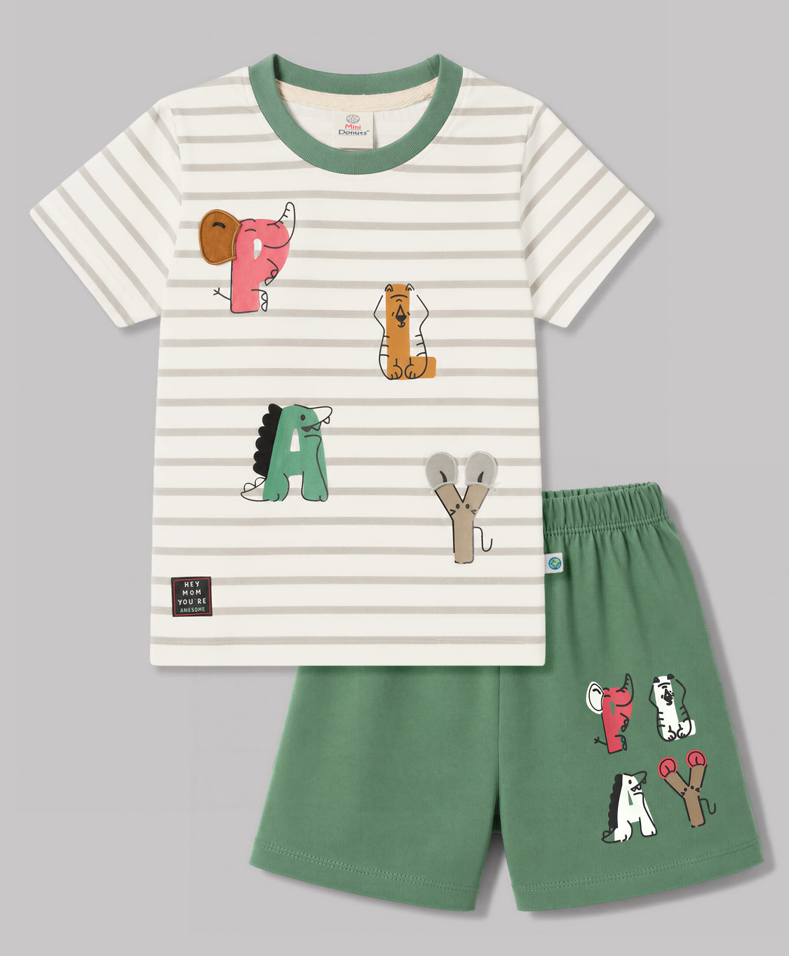Mini Donuts Sinker Knit Half Sleeves Striped T-Shirt & Shorts Set with Animal Print & Applique - Green-picture-11
