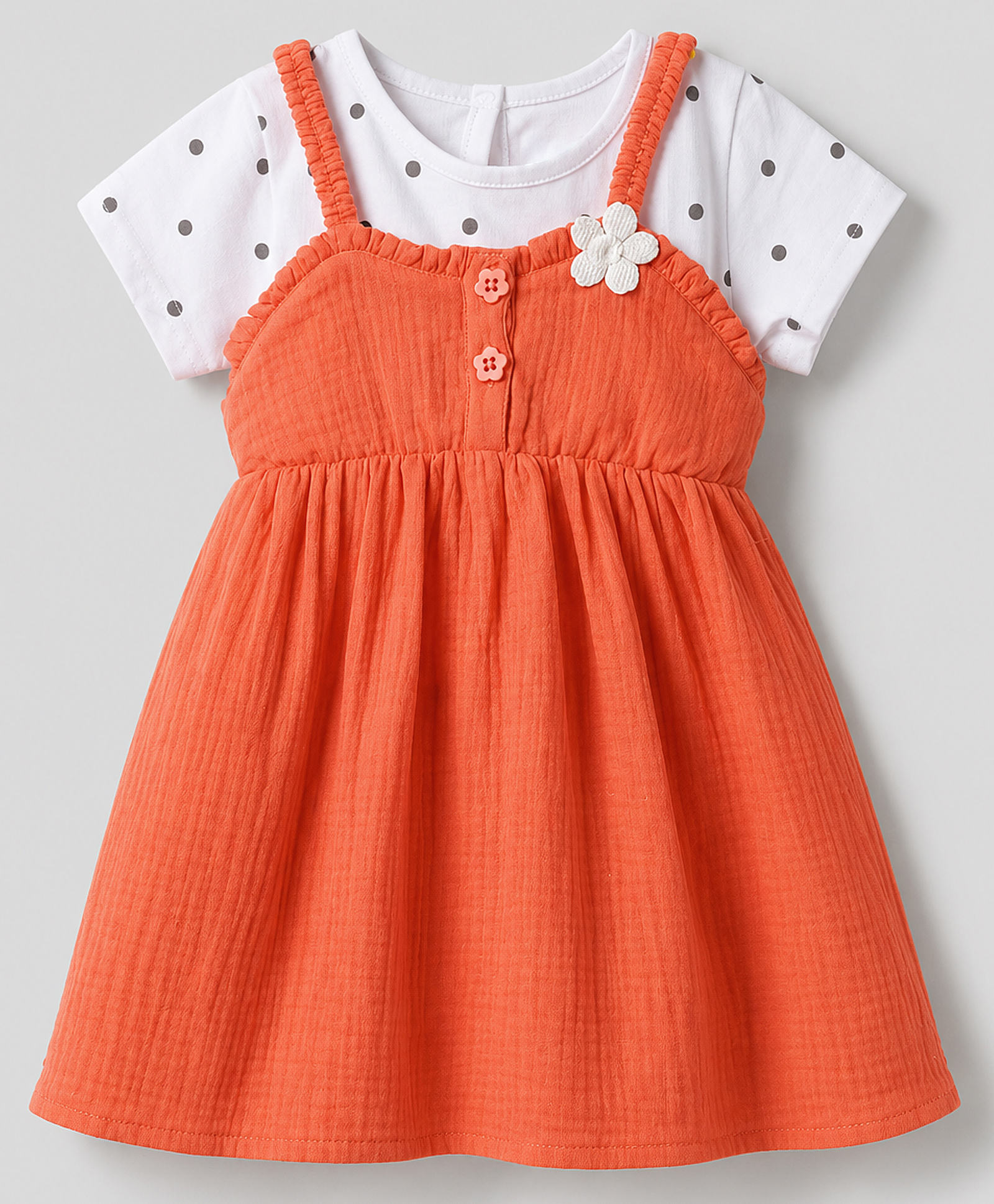 Babyhug Cotton Woven Half Sleeves Polka Dots & Floral Applique Frock With Inner Tee - Coral-image-48
