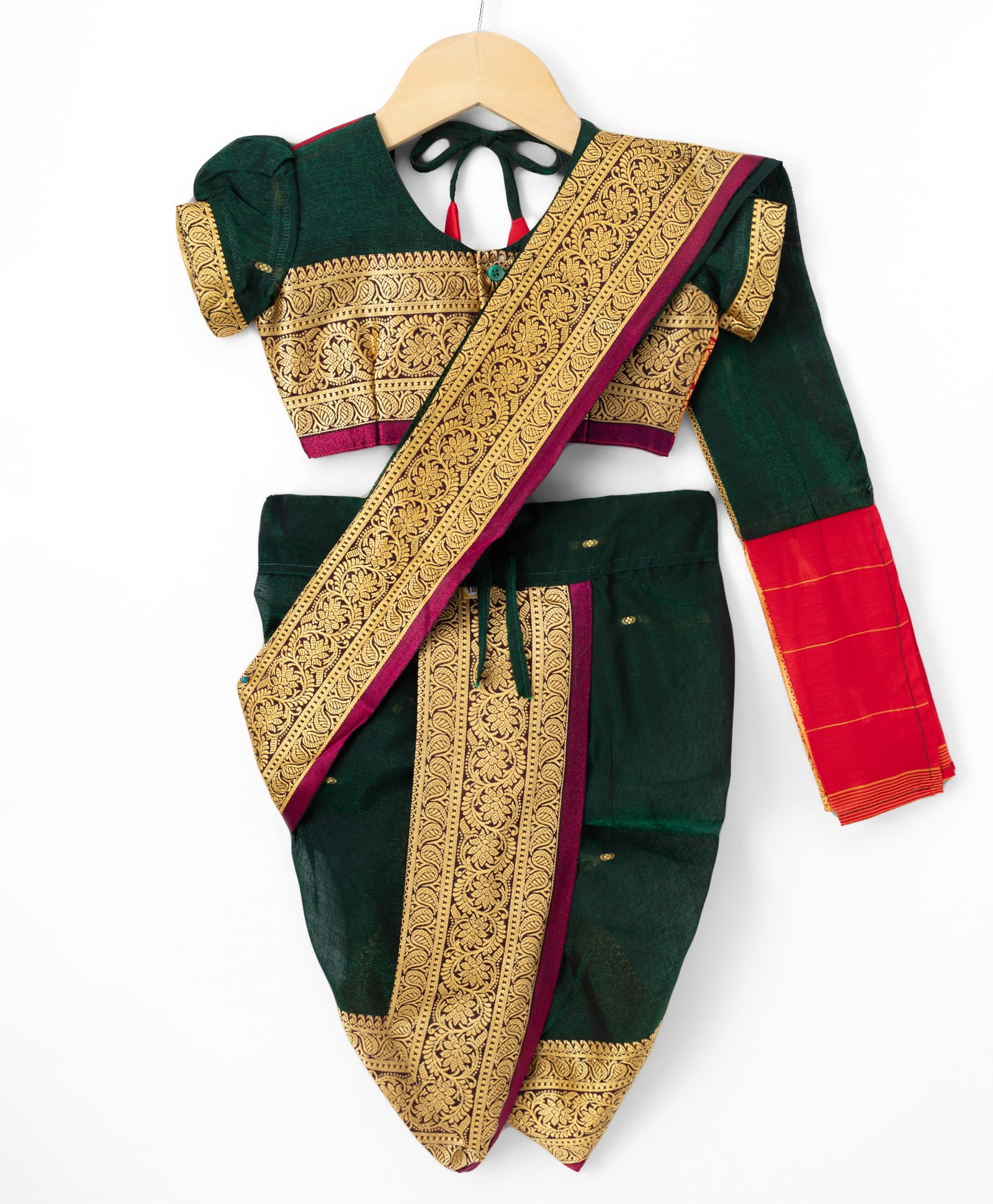 Bhartiya Paridhan Silk Woven with Half Puffed Sleeves Blouse And Floral Zari Bordered Nauvari Saree - Dark Green & Red-image-15