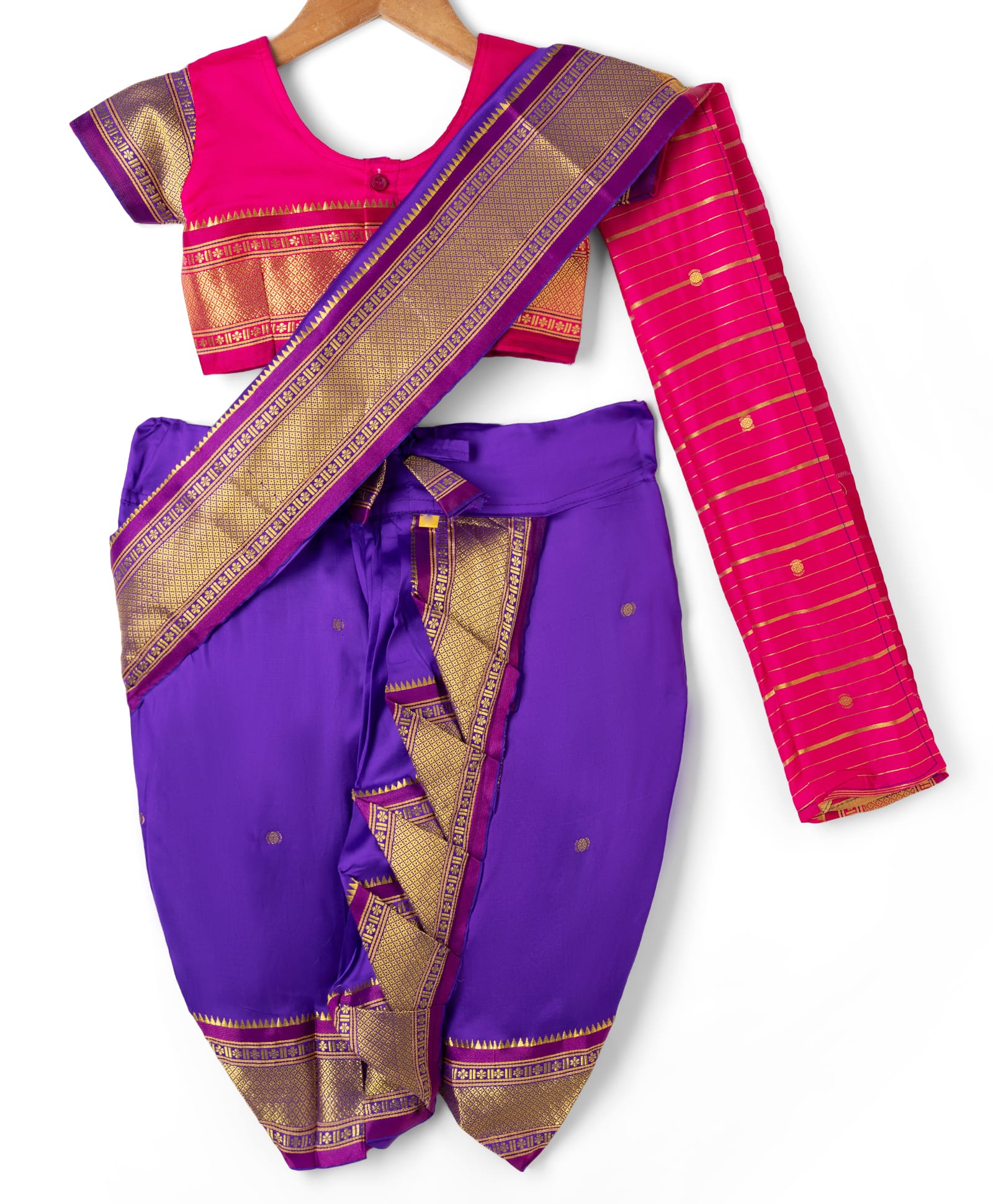 Bhartiya Paridhan Silk Woven Half Sleeves Blouse & Saree With Polka Dot Zari Work - Purple-image-27