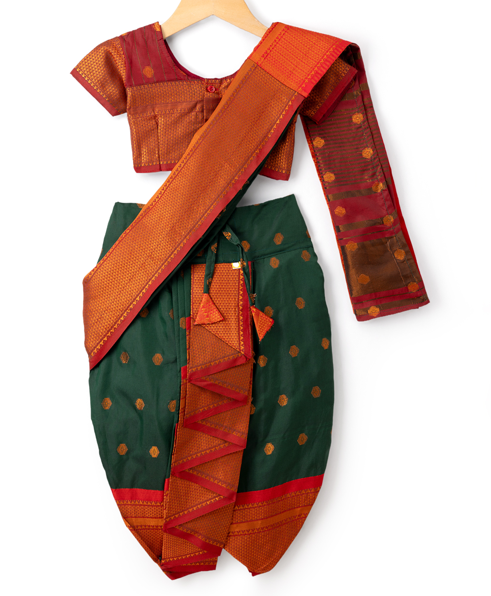 Bhartiya Paridhan Silk Woven with Half Puffed Sleeves Blouse And Zari Bordered Nauvari Saree - Dark Green & Maroon-image-14