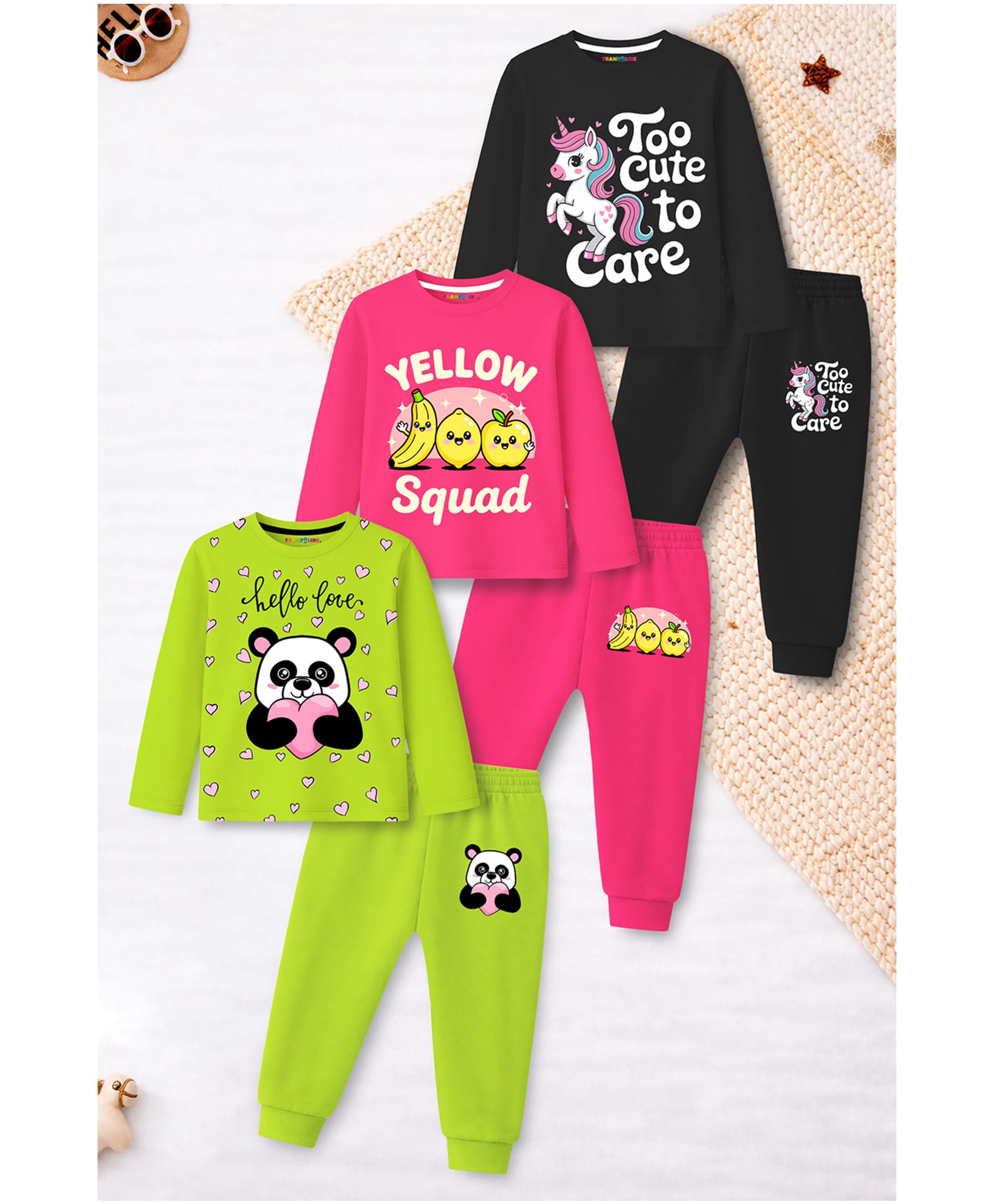 Trampoline Cotton Blend Knit Pack Of 3 Full Sleeves Unicorn Panda & Typography Printed Tees & Pajamas Night Suits - Pink Black & Green-image-42