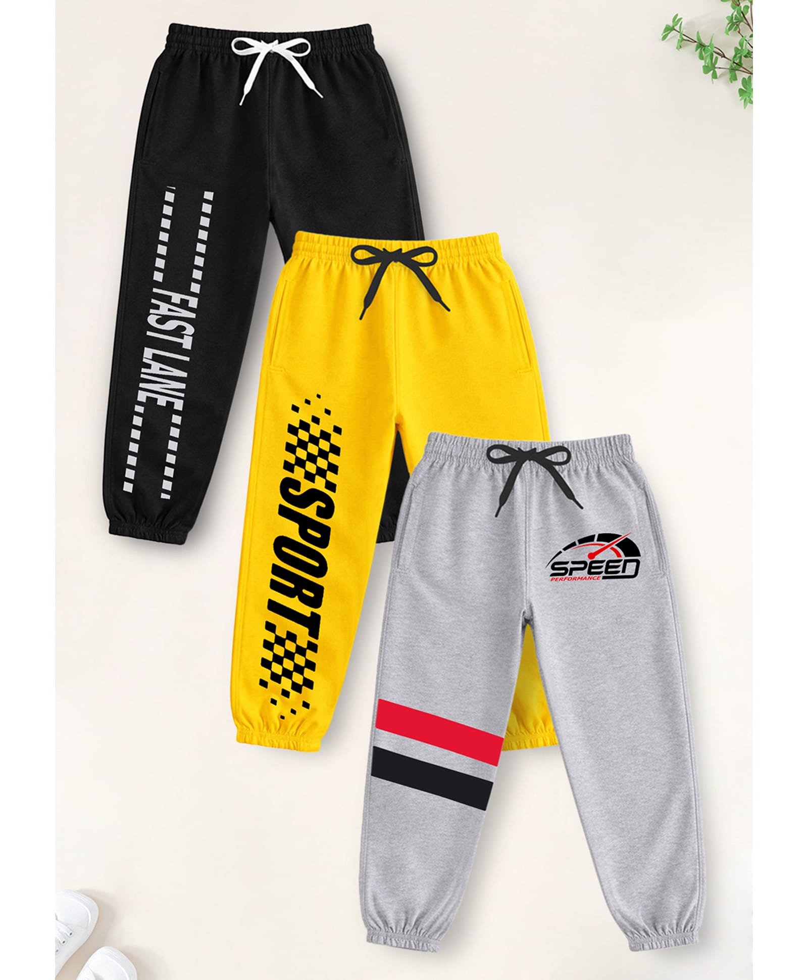 Trampoline Cotton Blend Knit Pack Of 3 Sport Fast Lane & Speed Text Printed Joggers - Yellow Black & Grey-image-41