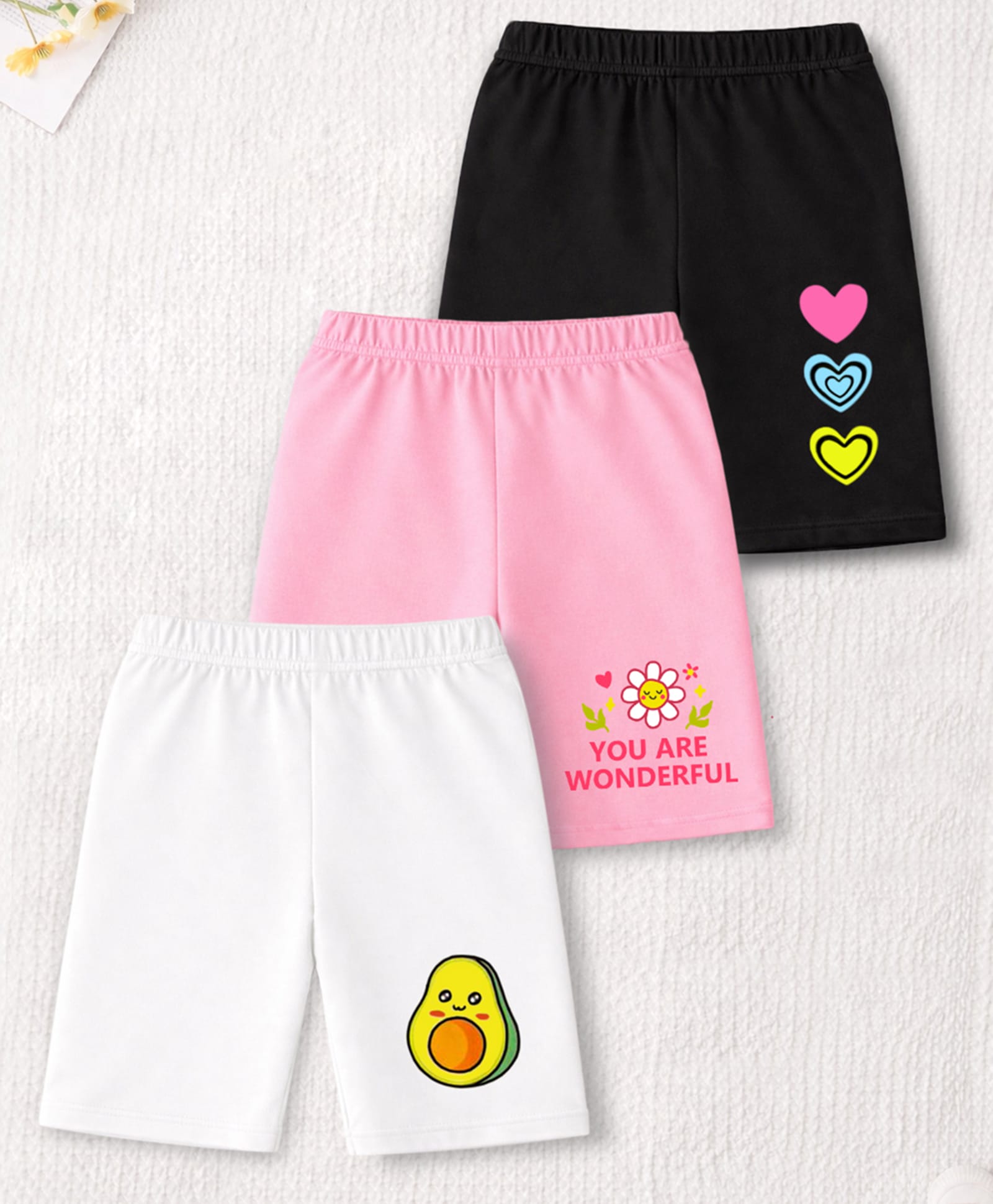 Trampoline Cotton Lycra Knit Pack Of 3 Heart Avocado & Typography Printed Cycling Shorts - Pink White & Black-picture-20