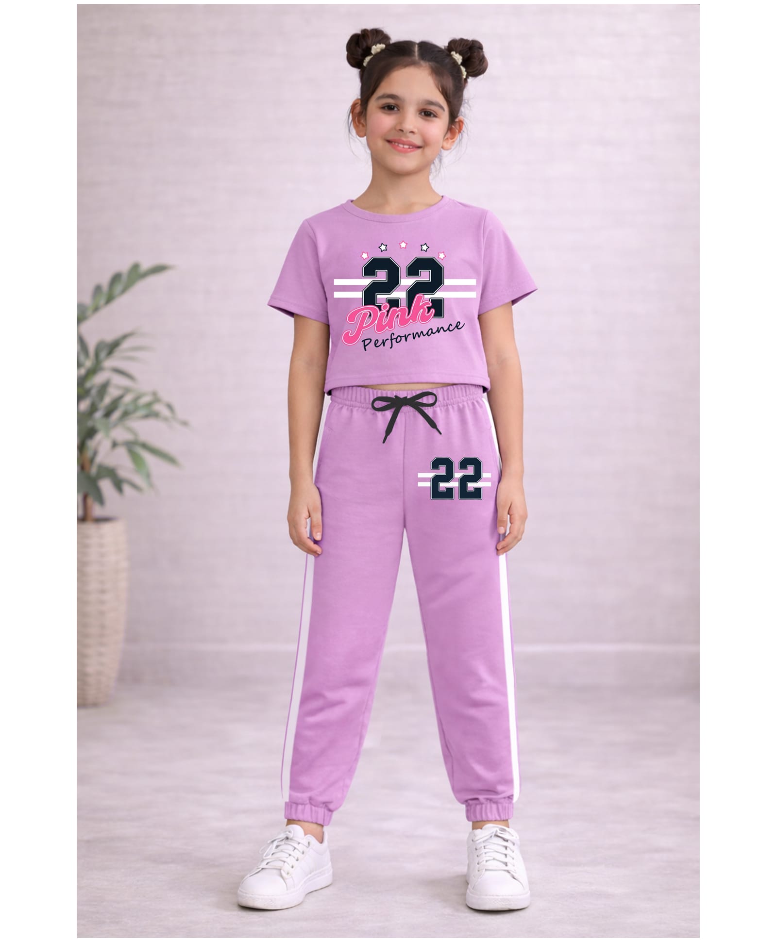 Trampoline Cotton Blend Knit Half Sleeves 22 Pink Performance Text Printed Crop Top & Joggers Set - Purple-image-2