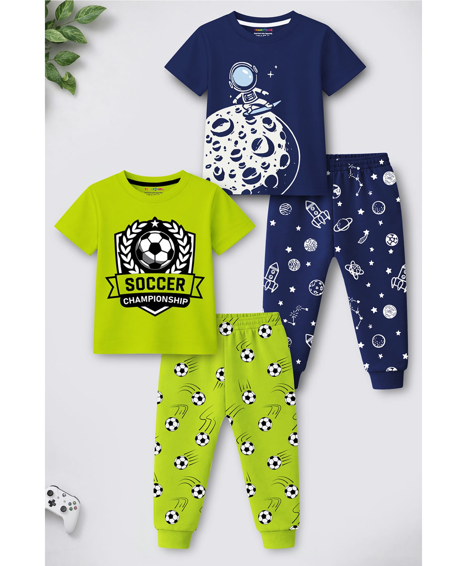 Trampoline Cotton Blend Knit Pack Of 3 Full Sleeves Space Theme & Soccer Championship Text Printed Tees & Pajamas Night Suits - Blue & Green-picture-13