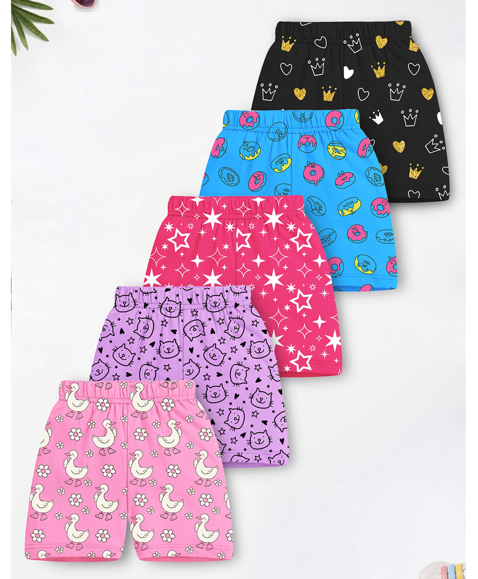 Trampoline Cotton Blend Knit Pack Of 5 Stars Donuts & Duck Printed Shorts - Multi Colour-image-33