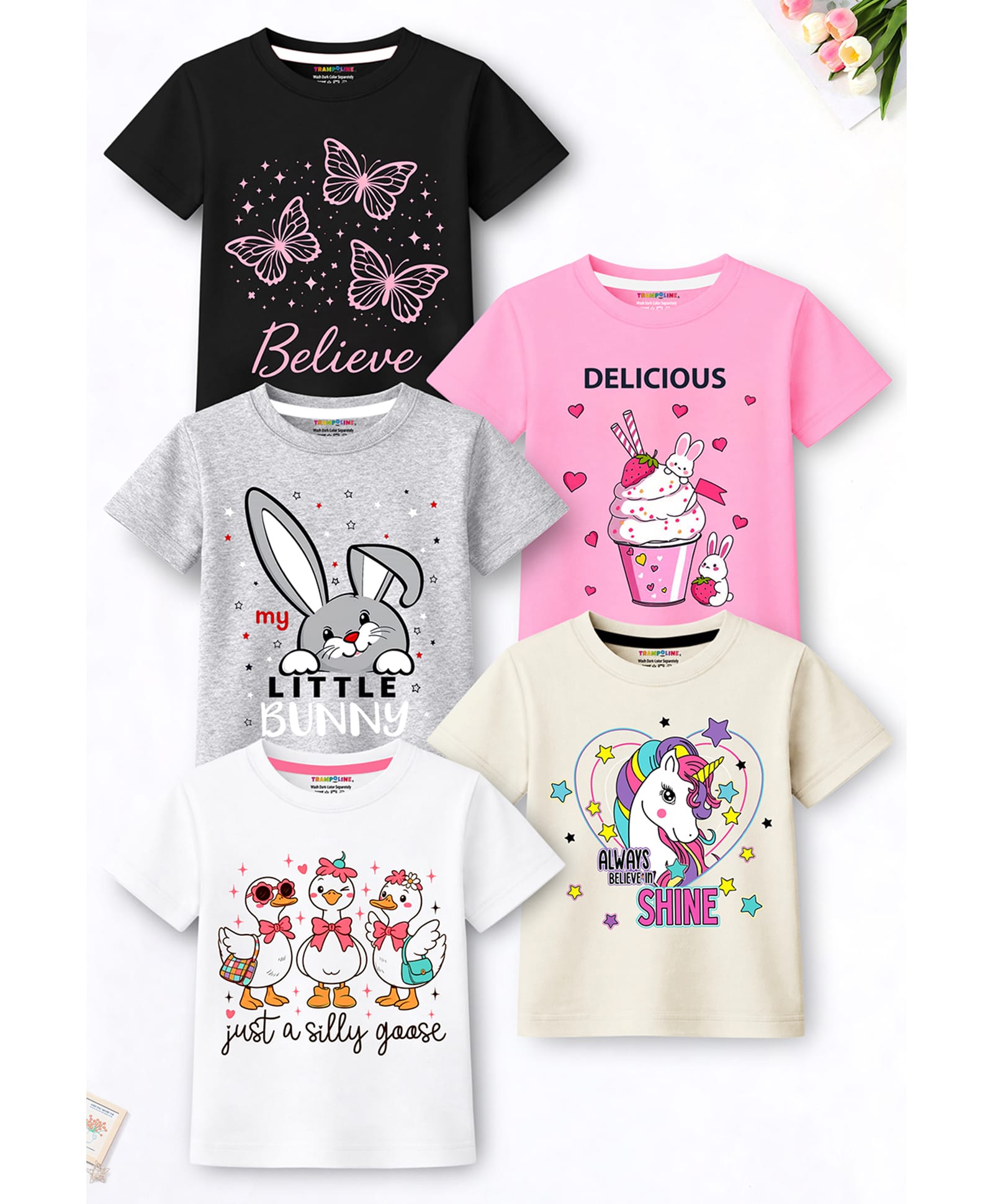 Trampoline Cotton Blend Knit Pack Of 5 Half Sleeves Animals & Typography Printed Tees - Multi Colour-image-8