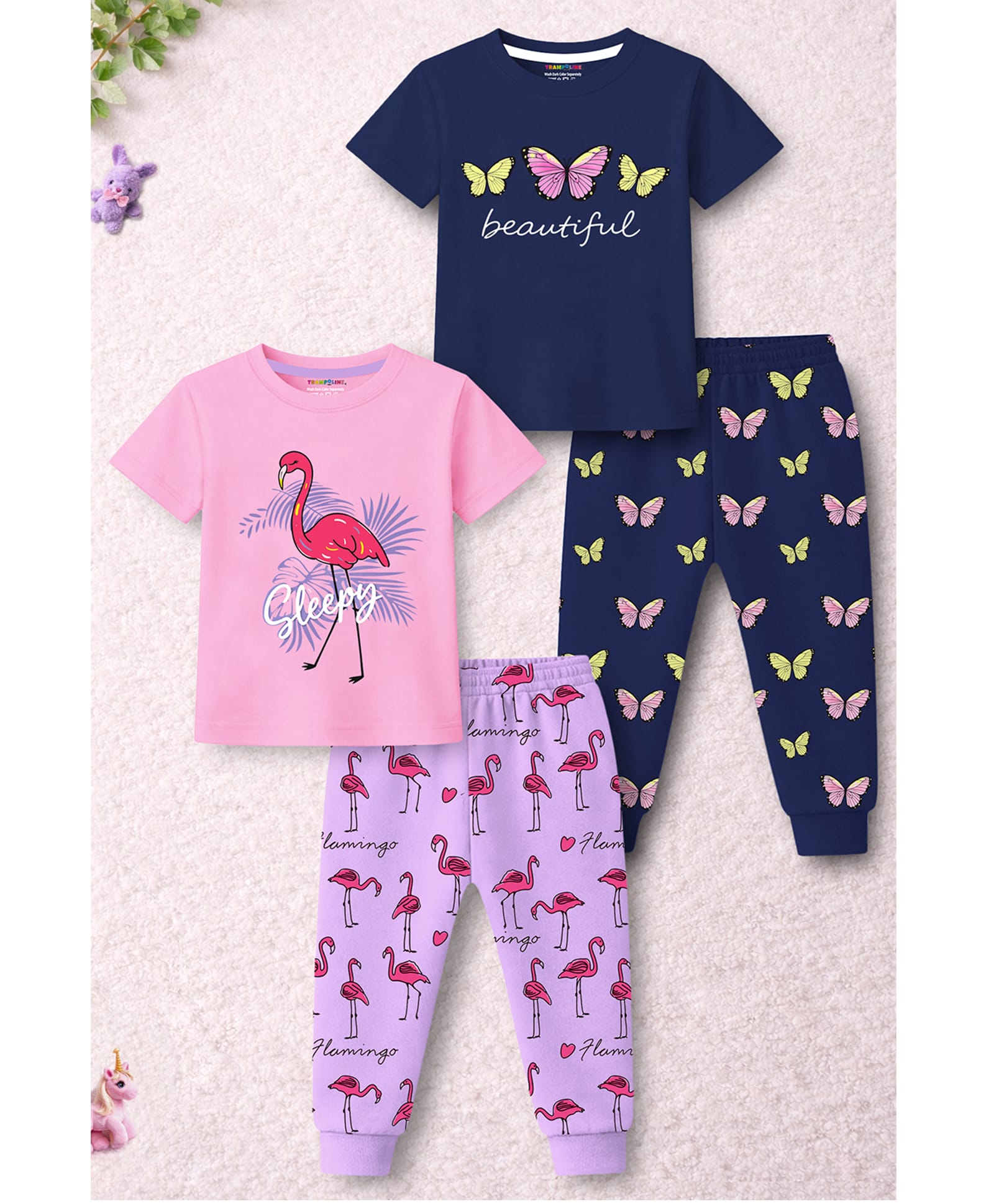 Trampoline Cotton Blend Knit Pack Of 2 Full Sleeves Butterfly & Flamingo Printed Tees & Pajamas Night Suits - Blue & Purple-image-36
