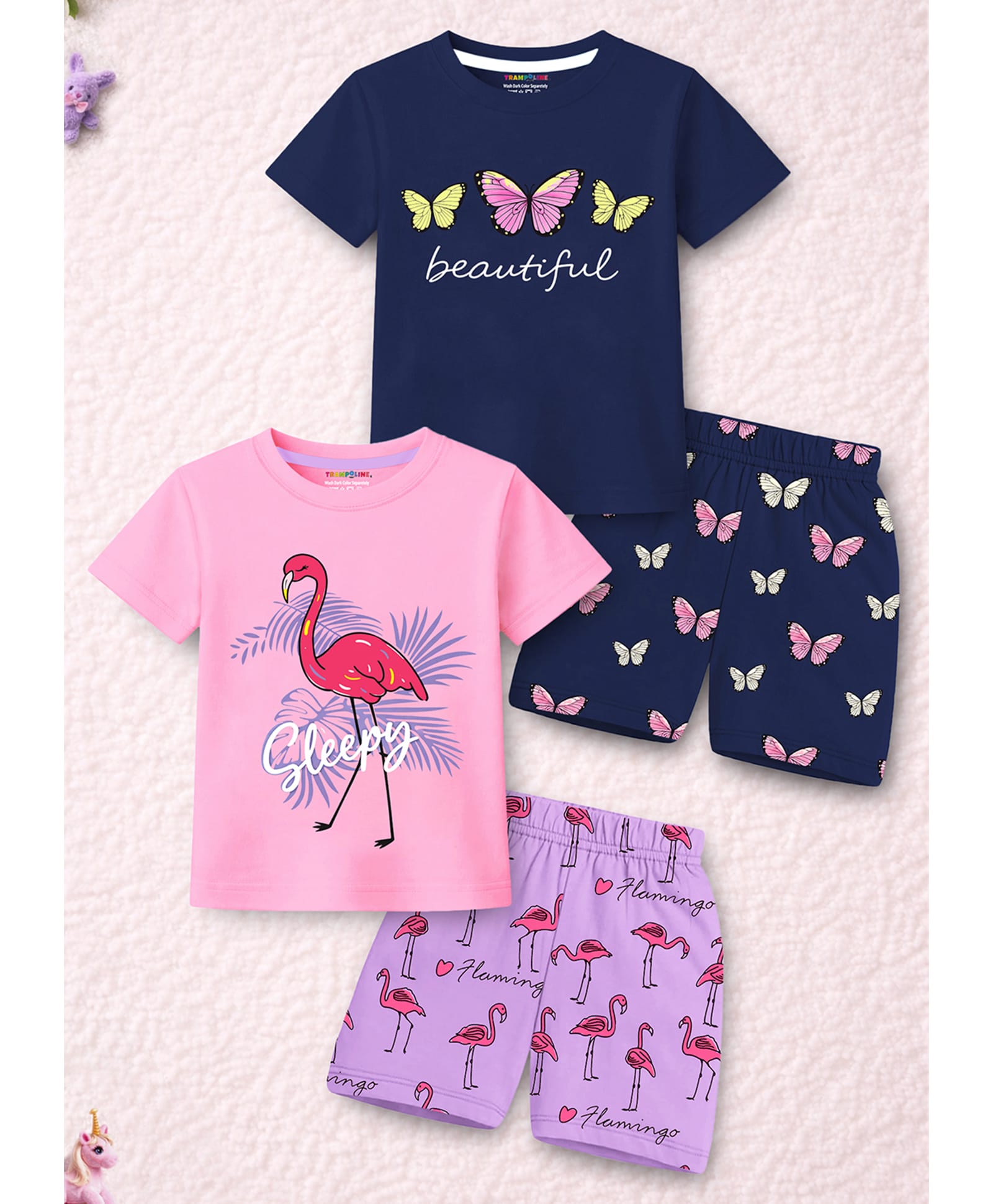 Trampoline Cotton Blend Knit Pack Of 2 Full Sleeves Butterfly & Flamingo Printed Tees & Shorts Set - Blue & Purple-image-13