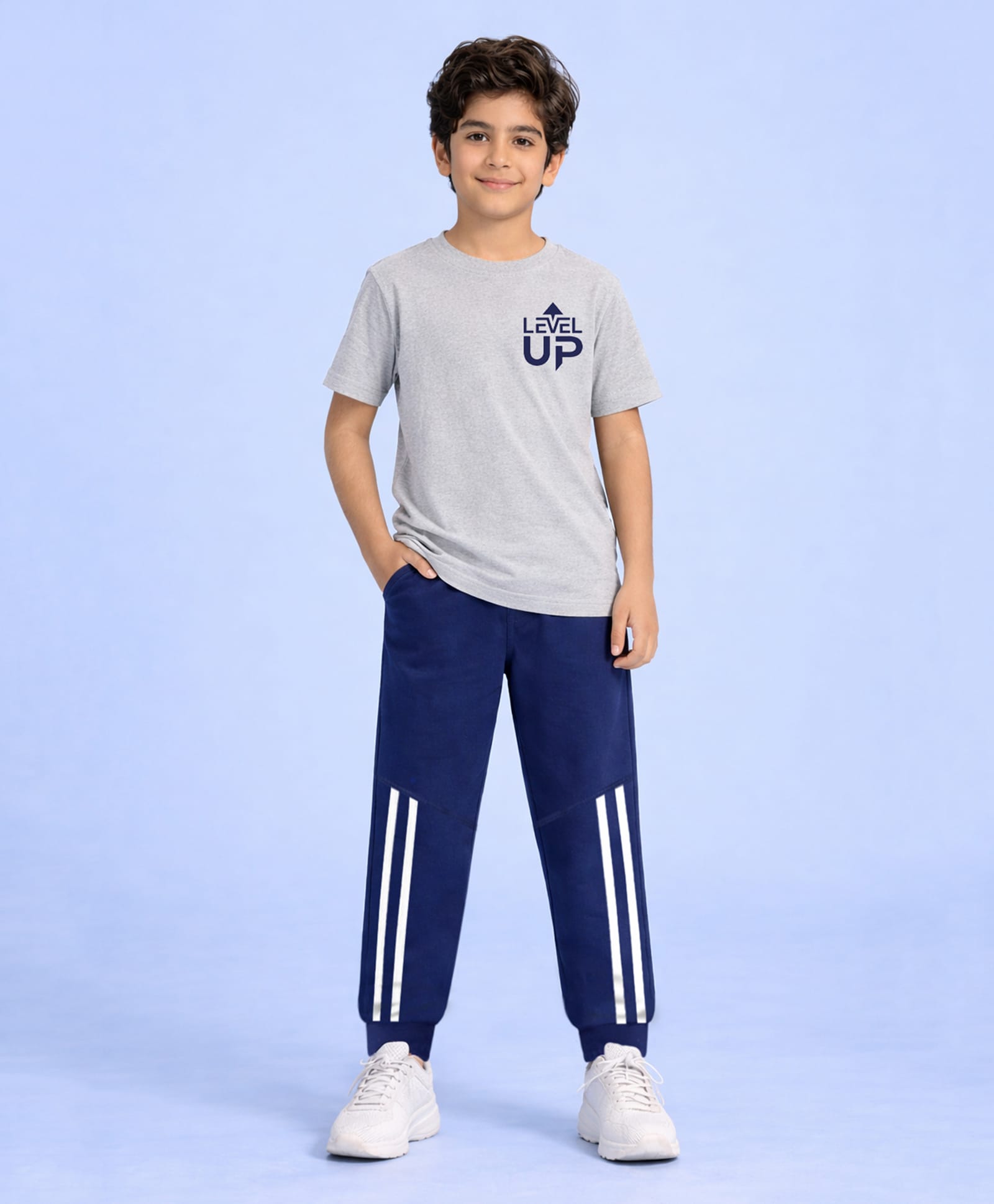 Trampoline Cotton Blend Knit Half Sleeves Level Up Text Printed Tee & Joggers Set - Grey & Blue-image-37