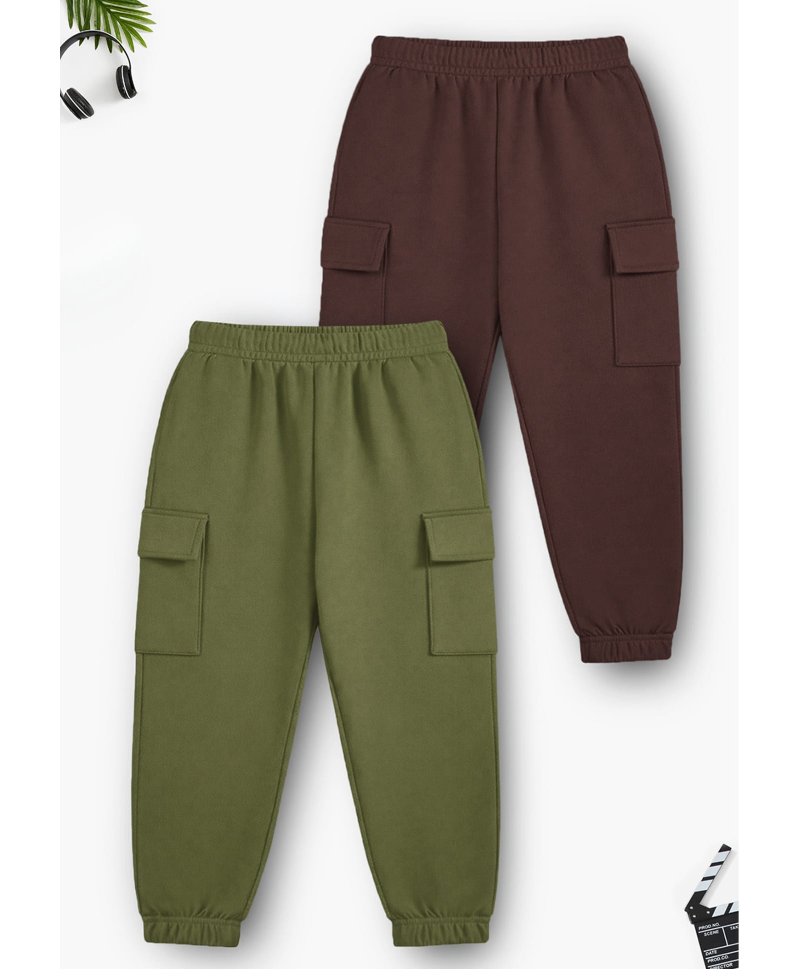 Trampoline Cotton Blend Knit Pack Of 2 Solid Cargo Style Joggers - Green & Brown-picture-10
