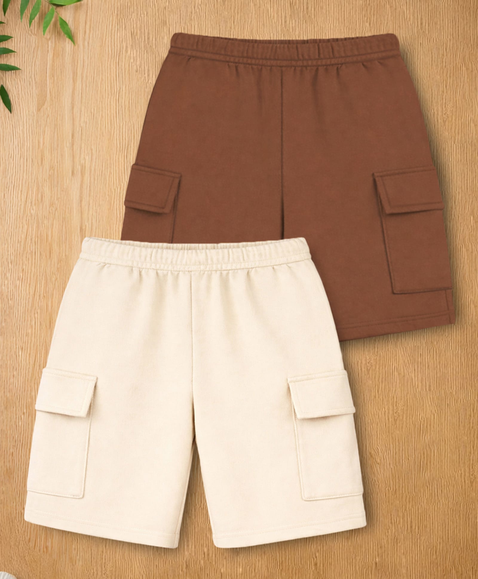 Trampoline Cotton Blend Knit Solid Cargo Style Shorts - Beige & Brown-image-23