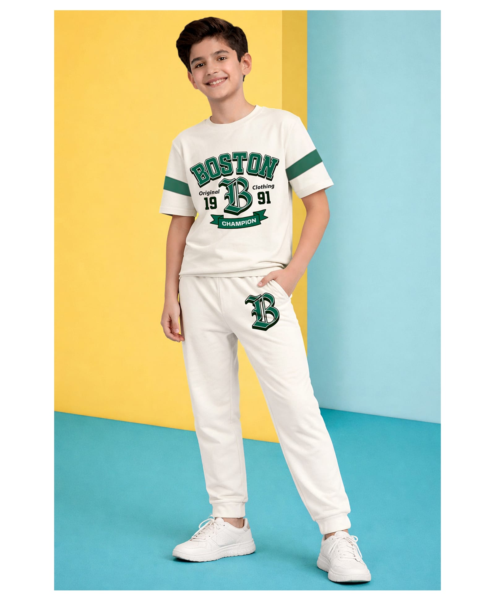 Trampoline Cotton Blend Knit Half Sleeves Boston Text Printed Tee & Joggers Set - White & Green-image-6