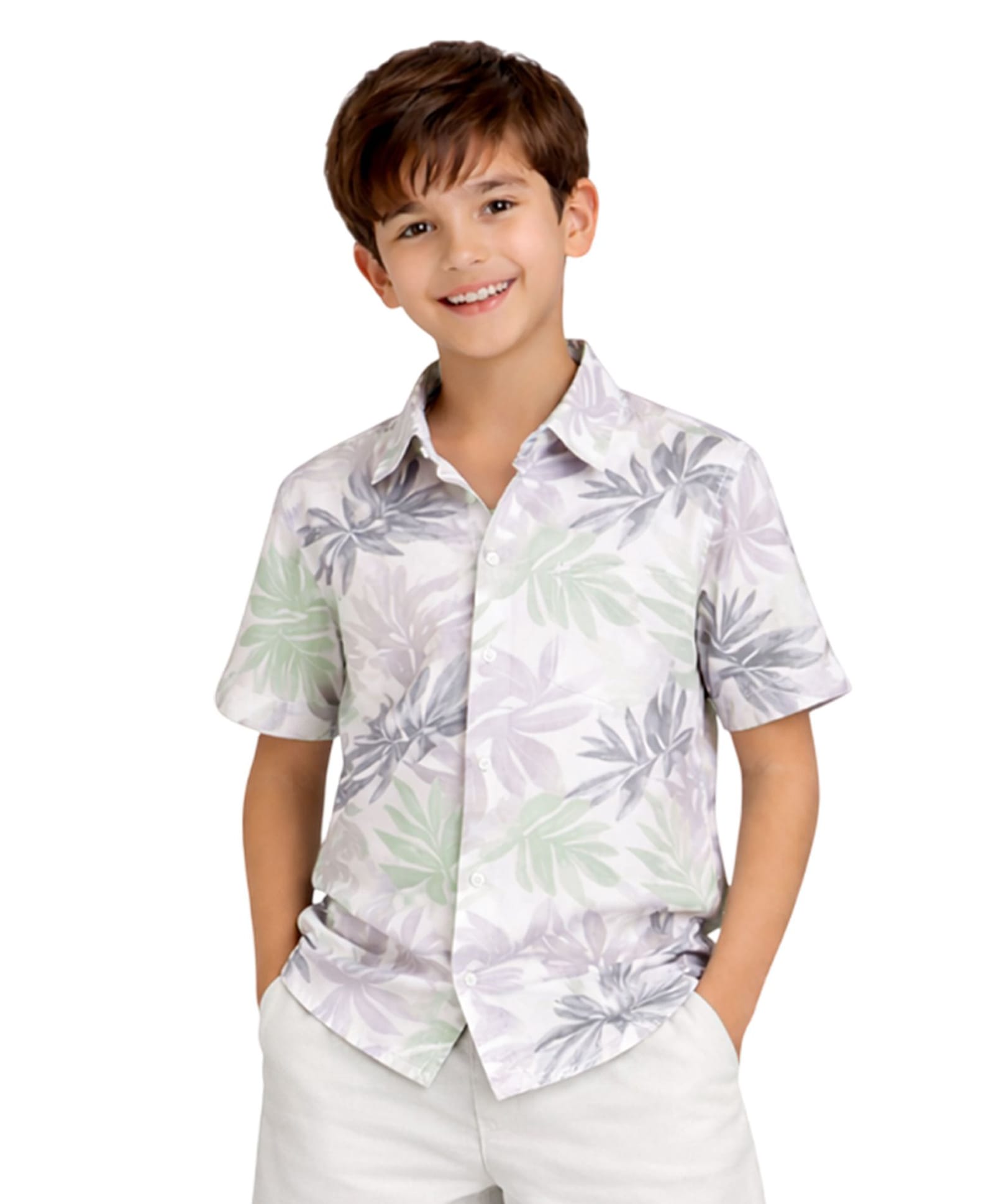 Kuchipoo Cotton Blend Knit Half Sleeves Leaves Printed Shirt - Light Grey & White-image-17