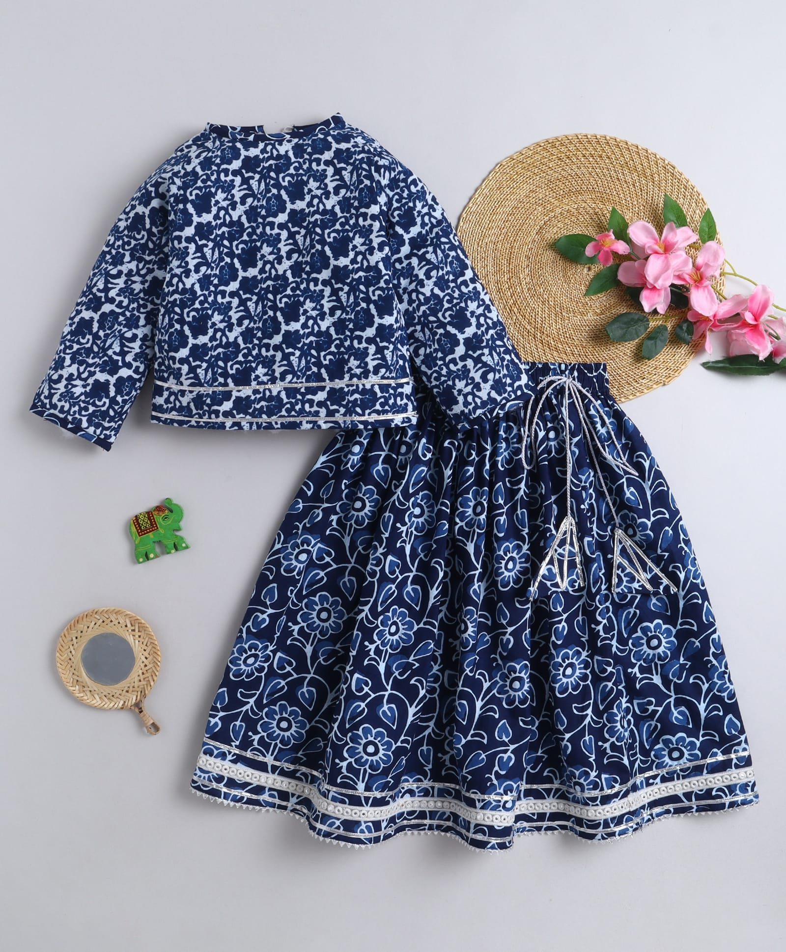 BAATCHEET Cotton Woven Three Fourth Sleeves Floral Printed Gota Lace Embellished Lehenga Choli Set - Blue-picture-23