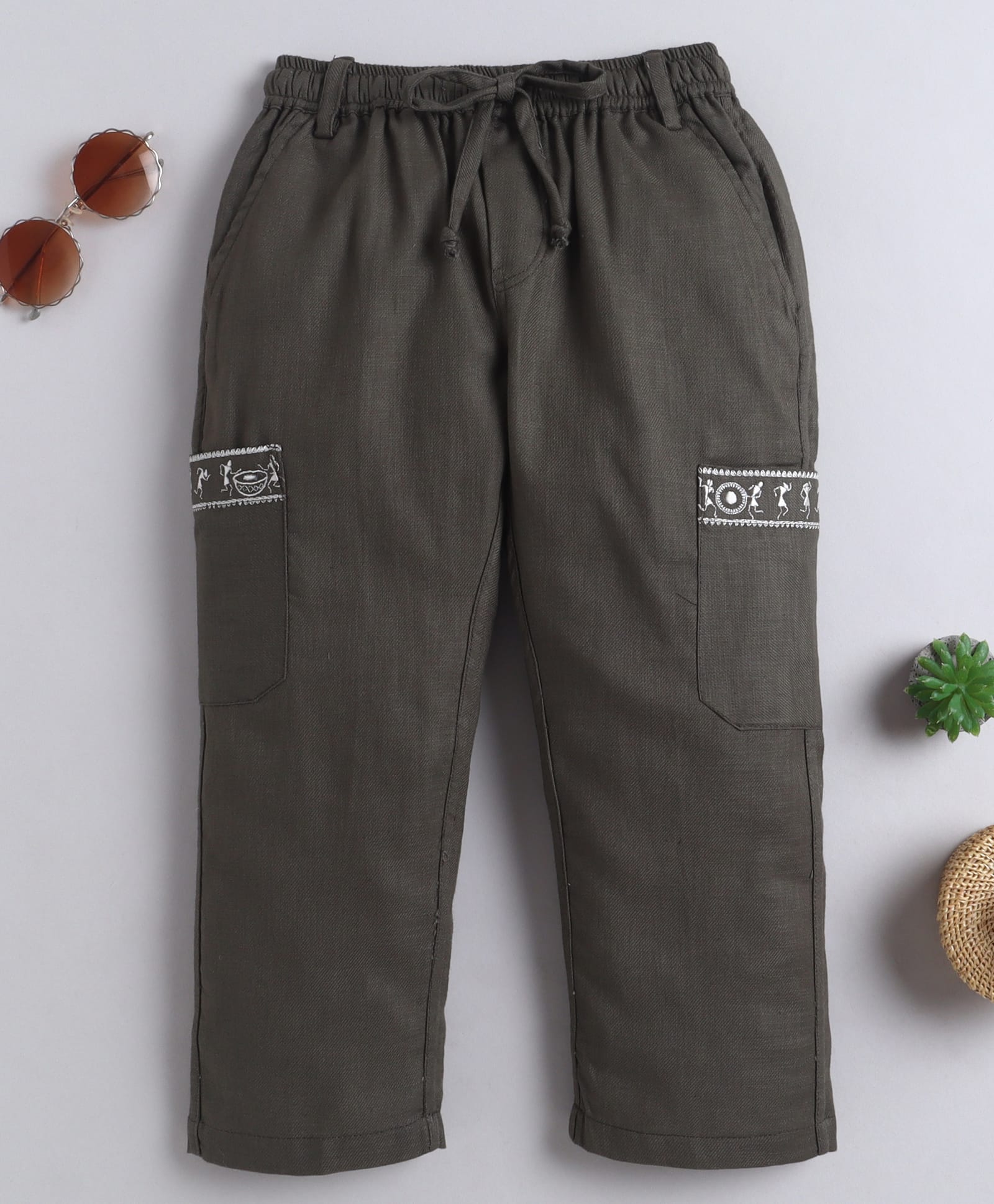 BAATCHEET Cotton Woven Warli Embroidered Pants - Green-picture-16