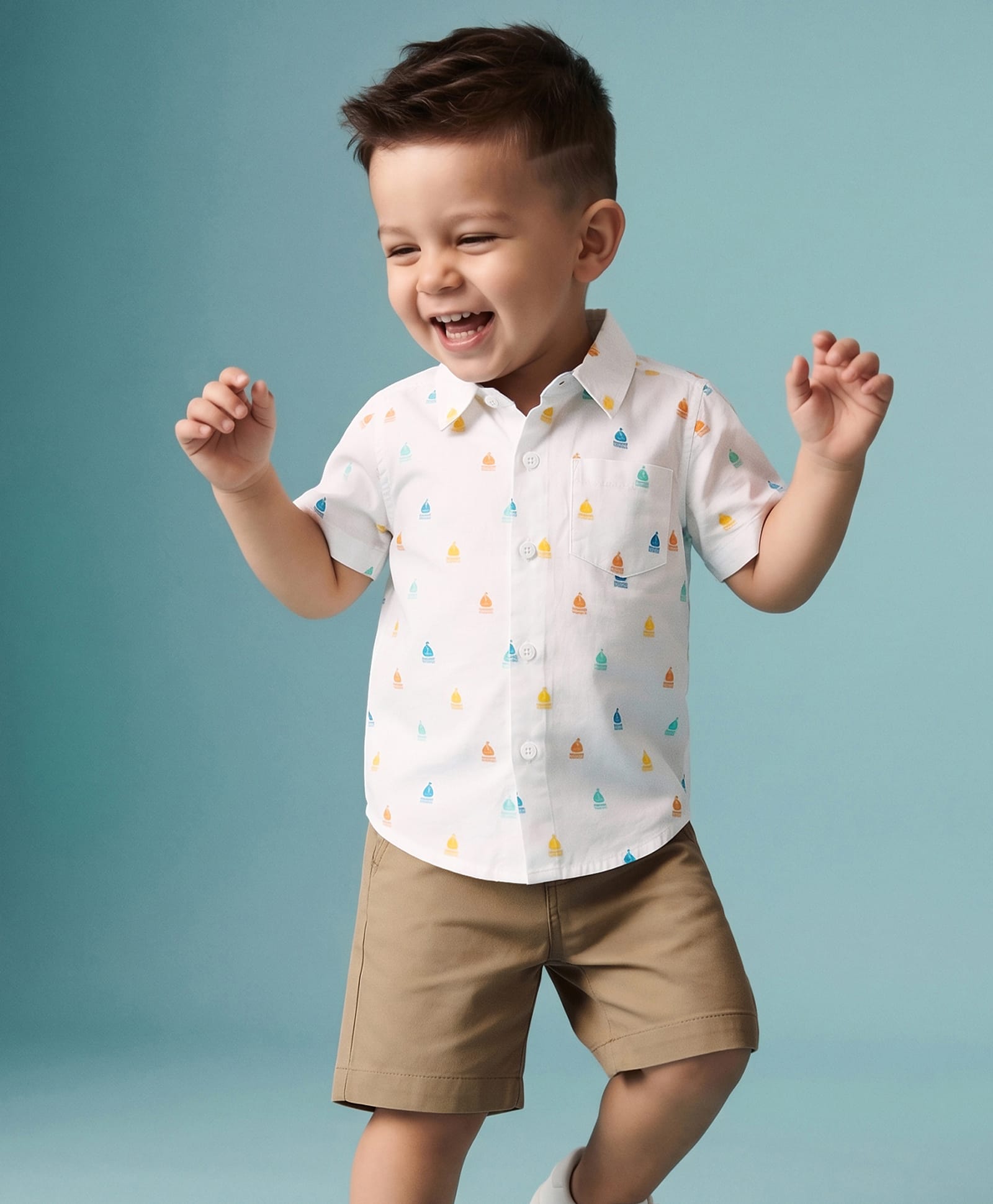 Babyhug 100% Cotton Woven Half Sleeves Printed Shirt & Shorts Set - White & Beige-image-22