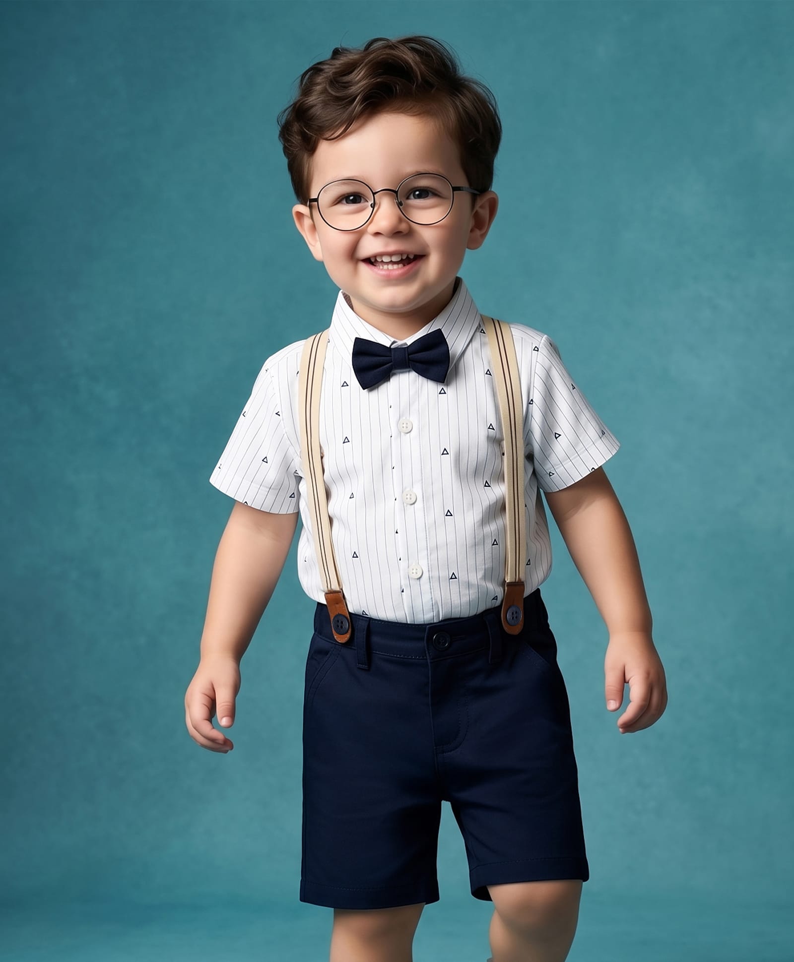 Babyhug 100% Cotton Woven Half Sleeves Striped & Triangles Printed Shirt & Shorts Set With Suspender & Bow - White & Navy Blue-picture-14