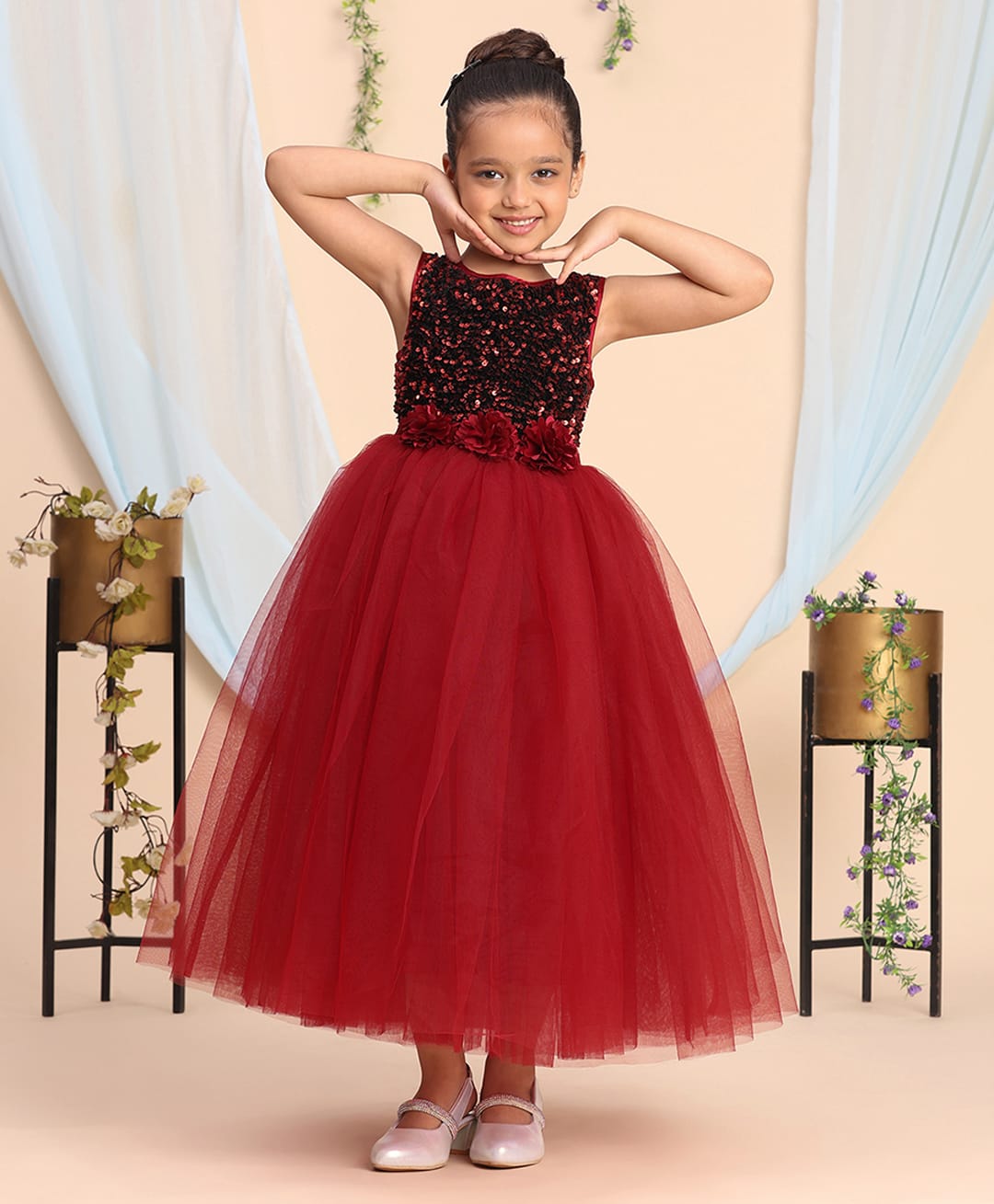 Toy Balloon Kids Satin Woven Sleeveless Sequins Embellished Floral Applique Detailed Gown - Maroon-image-1