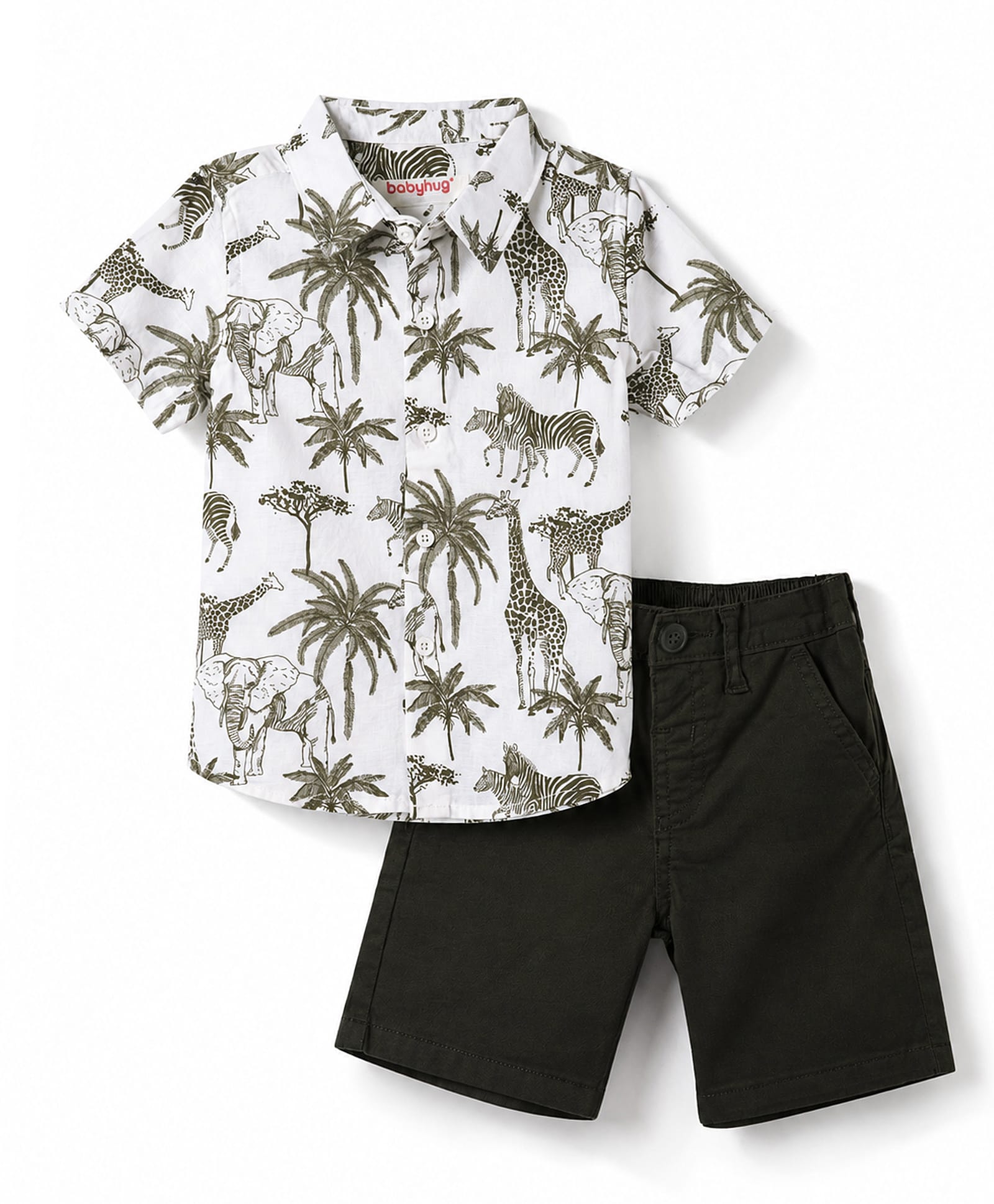 Babyhug Cotton Woven Half Sleeves Shirt & Shorts Set with Jungle Safari Theme Print - Olive Green & White-image-36